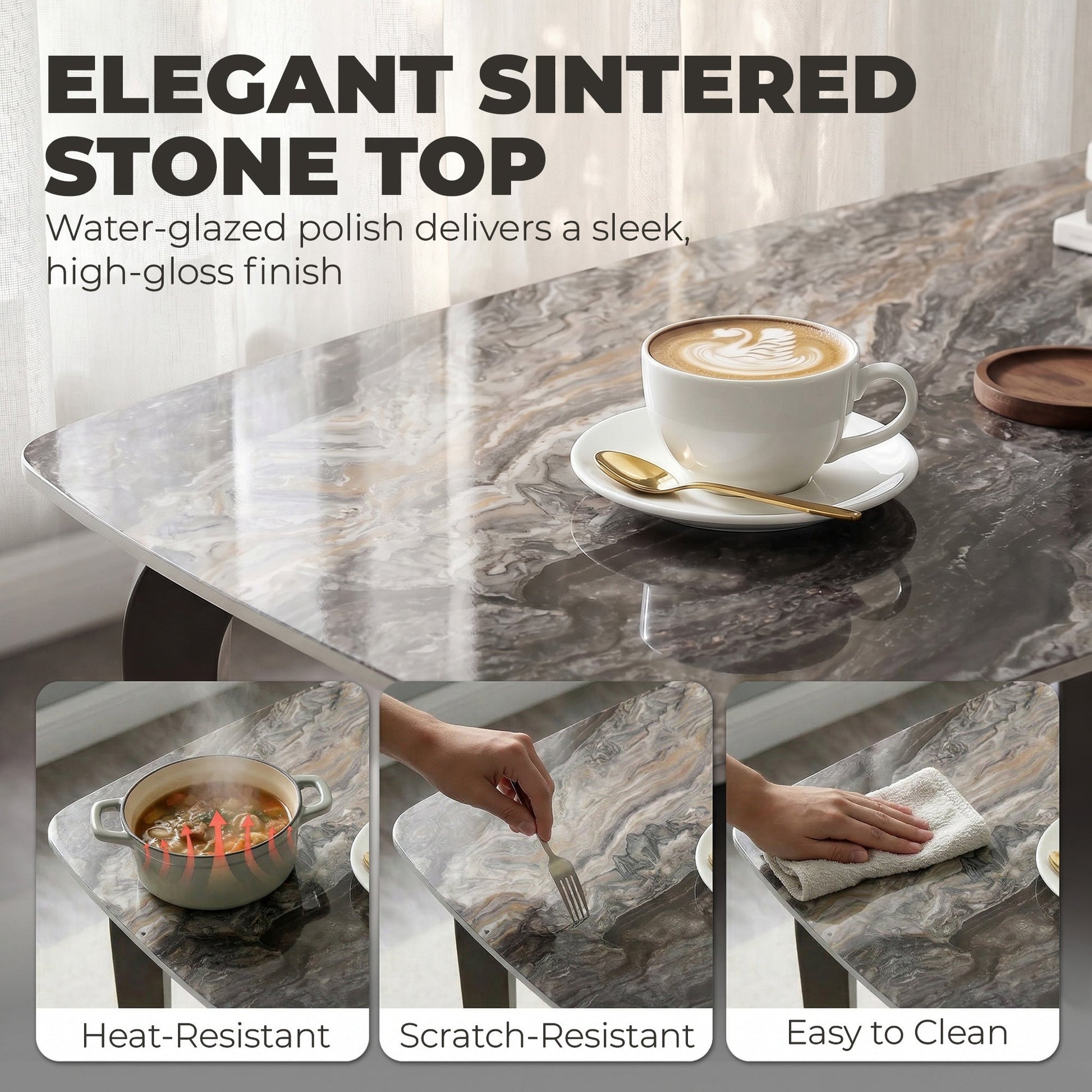 Dining Table for 4, 130W x 70D x 75H cm, Modern Kitchen Table with Sintered Stone Tabletop, Metal Legs for Dining Room, Kitchen, Living Room, Brown