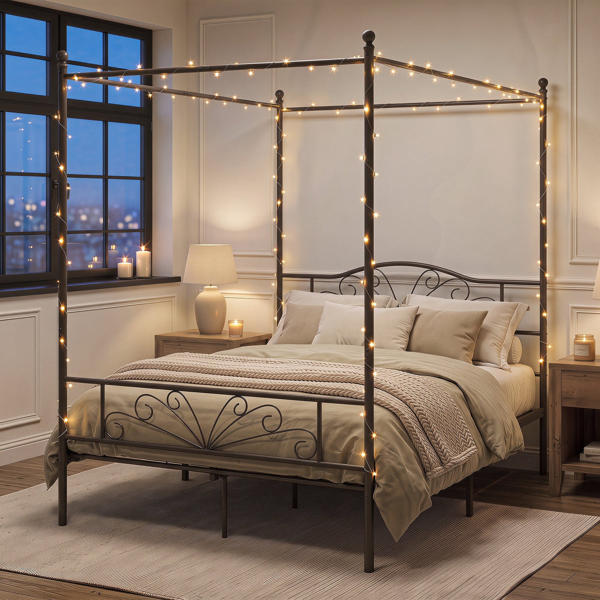 Canopy Bed Frame Double Size, Metal Platform Bed Frame with Headboard and Footboard, Underbed Storage, Heavy Duty Steel Slats Support Mattress Foundation, No Box Spring Needed, Black