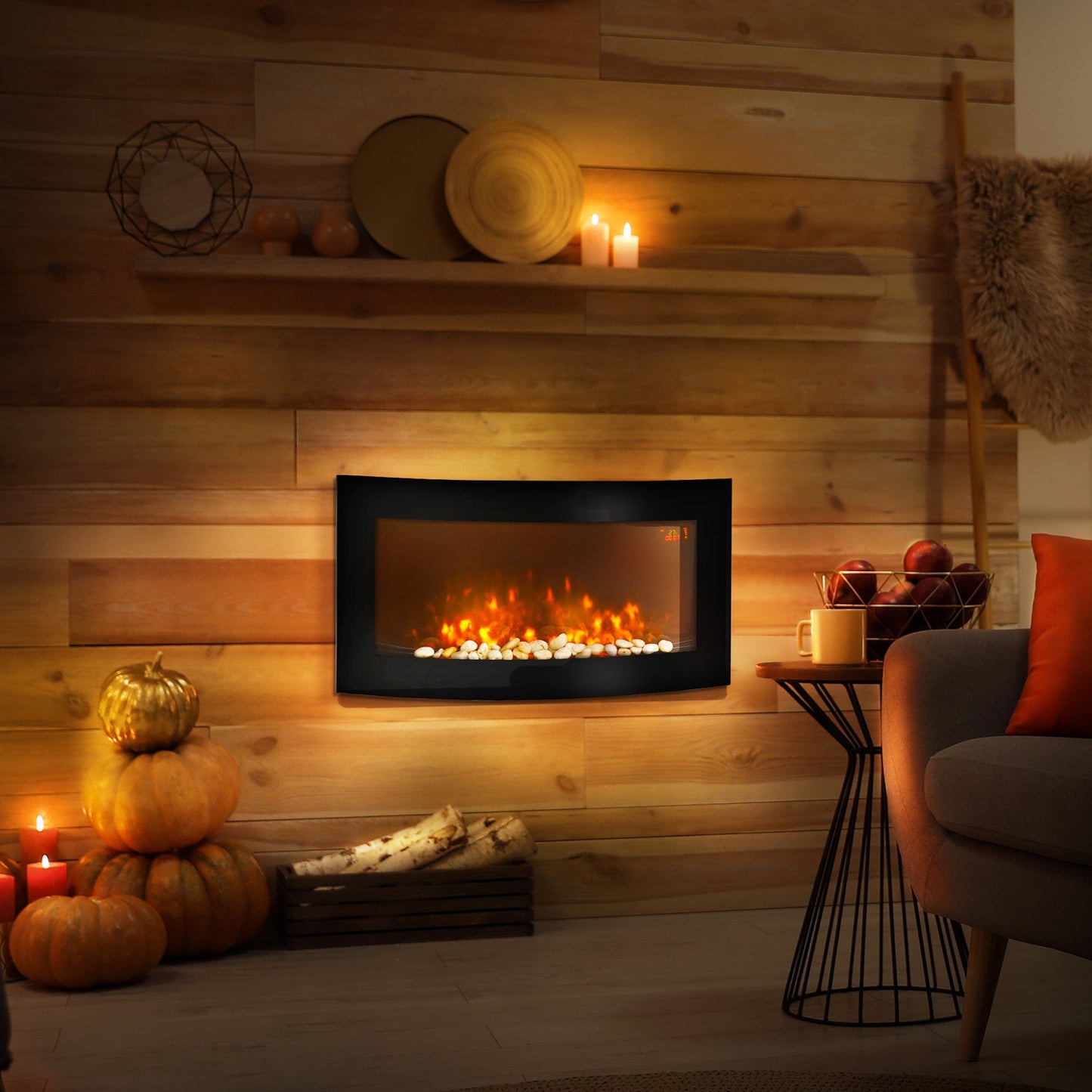 Led Wall Mounted Fireplace Curved Glass Electric Fire Place Fire Place 7 Colour Side Lights Slimline, 1000/2000W, 89.2cm x 48cm
