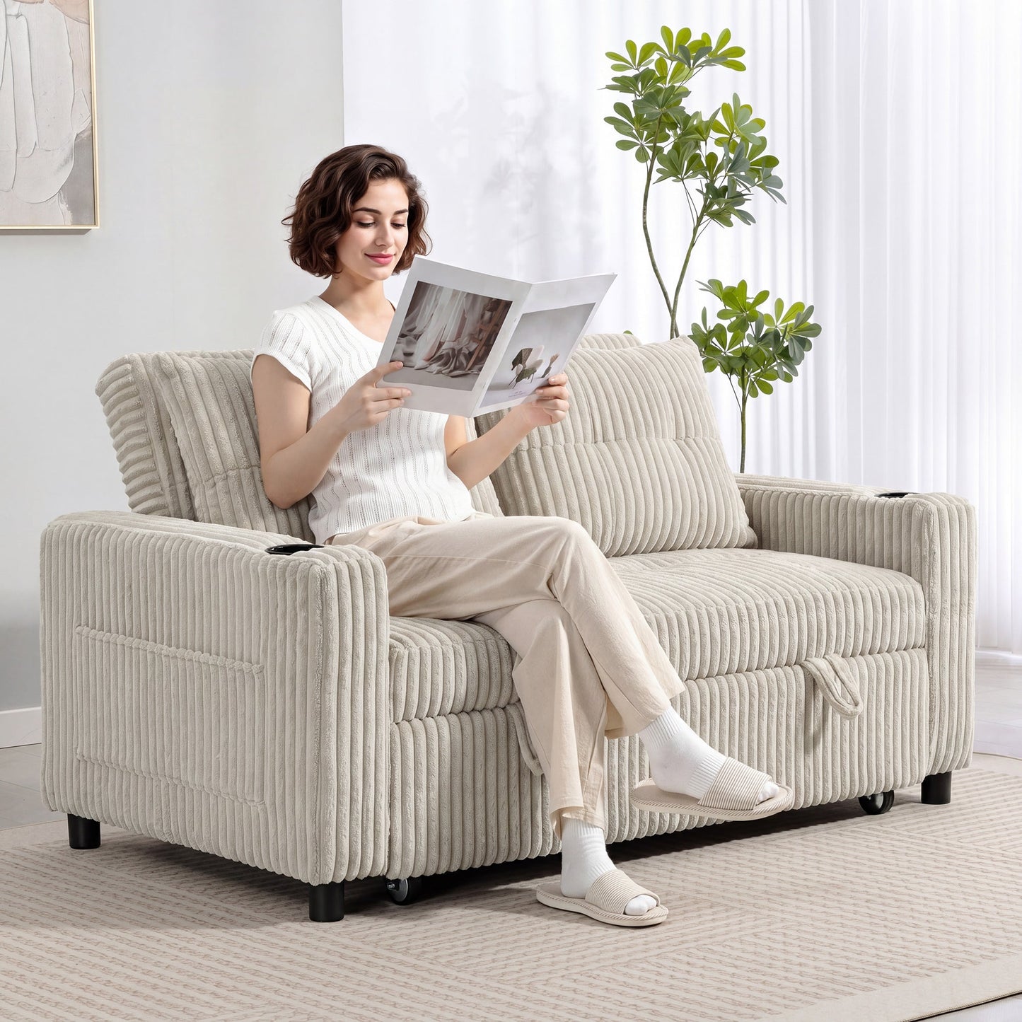2 Seater Sofa Bed, Corduroy Click Clack Sleeper Sofa with Pull Out Design, 2 Pillows, Cup Holders, Side Pockets, Convertible Loveseat Bed Settee for Living Room, 157x190cm, Cream White
