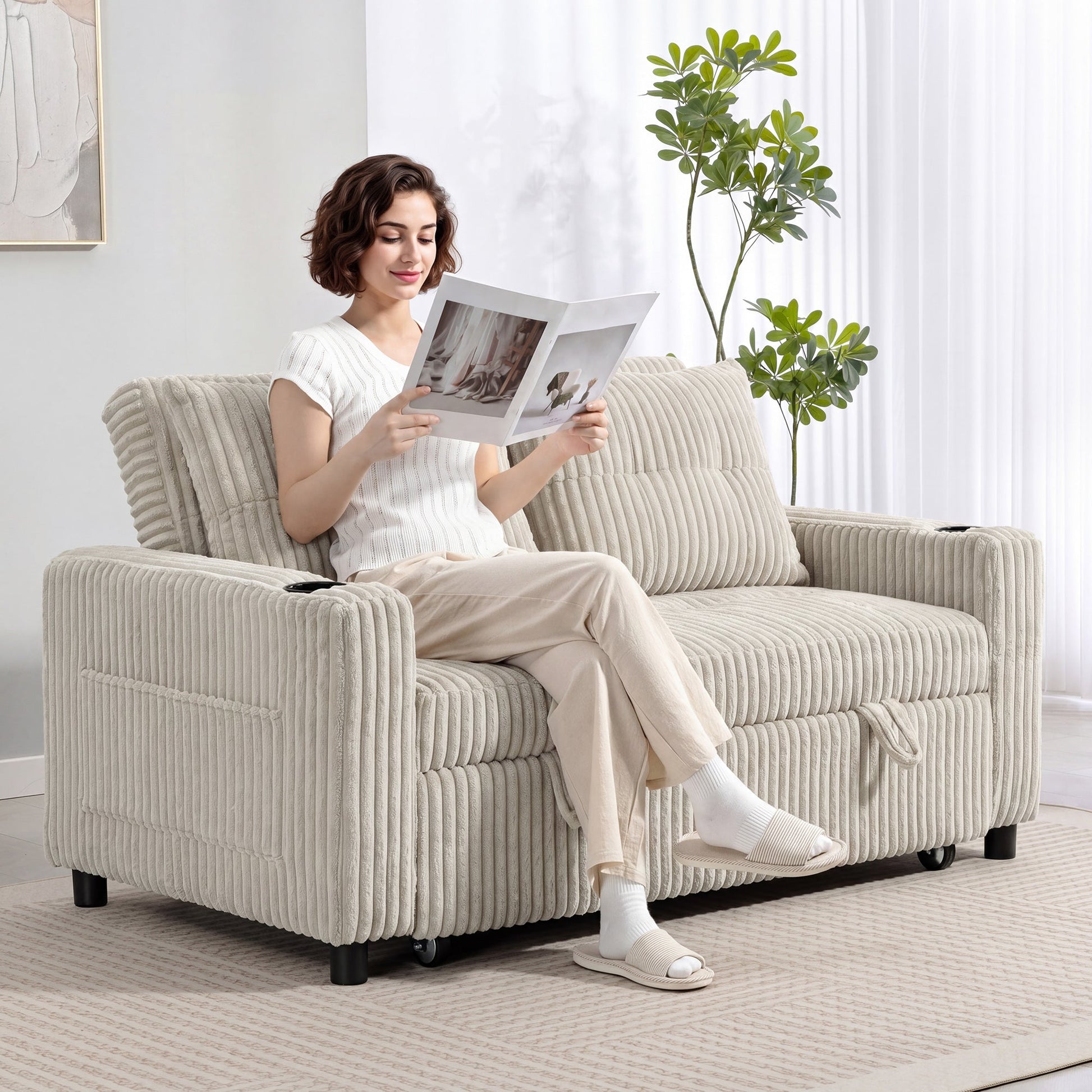 2 Seater Sofa Bed, Corduroy Click Clack Sleeper Sofa with Pull Out Design, 2 Pillows, Cup Holders, Side Pockets, Convertible Loveseat Bed Settee for Living Room, 157x190cm, Cream White