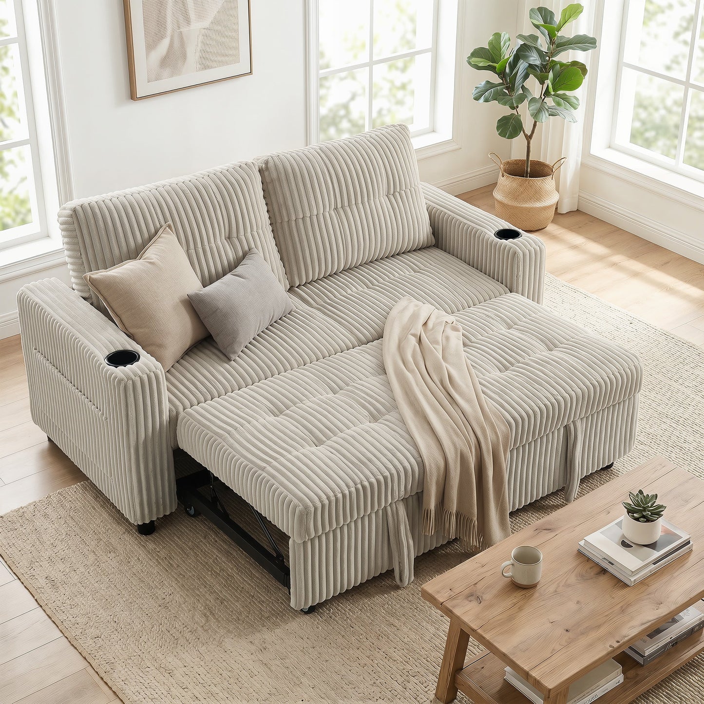 2 Seater Sofa Bed, Corduroy Click Clack Sleeper Sofa with Pull Out Design, 2 Pillows, Cup Holders, Side Pockets, Convertible Loveseat Bed Settee for Living Room, 157x190cm, Cream White