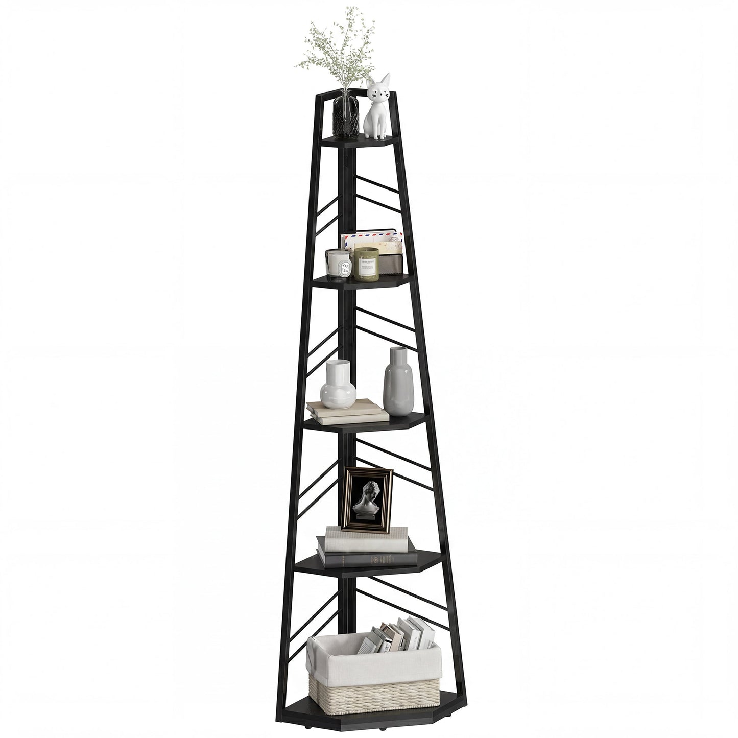 Corner Bookcase, 5-Tier Floor Standing Bookshelf, Shelving Unit for Living Room, Study, Bedroom, Black