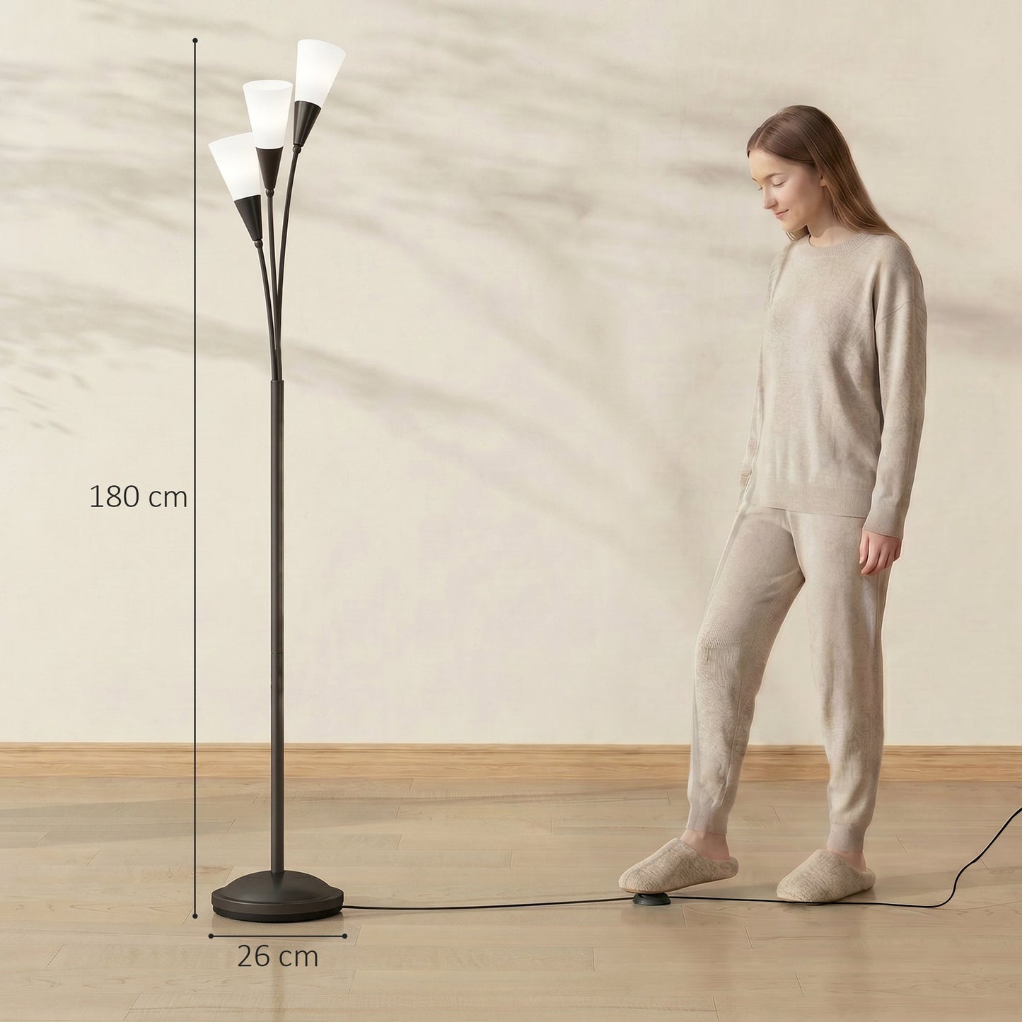 3-Light Upright Floor Lamps for Living Room, Modern Standing Lamp for Bedroom with Steel Base, Bulb not Included, Black