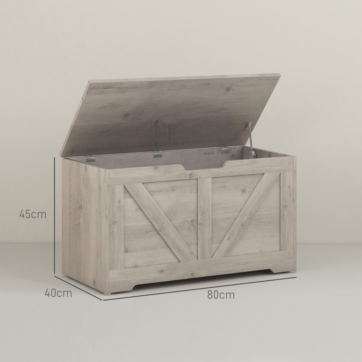 HOMCOM 100L Storage Chest, Storage Trunk with 2 Safety Hinges and U-shaped Cut-out Pull, Storage Box for Living Room, Entryway, 80 x 40 x 45 cm, Grey Wood Grain