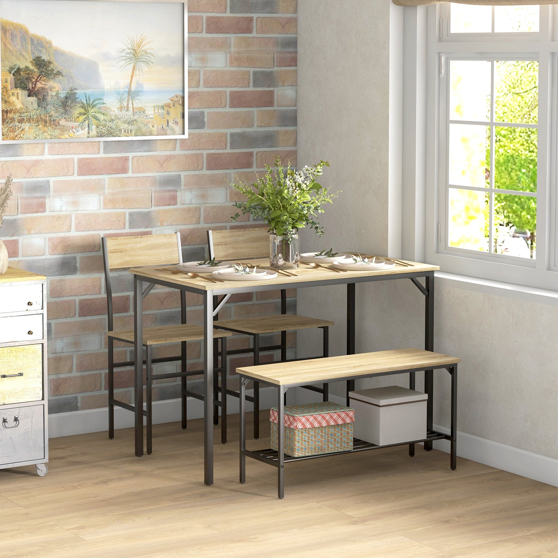 HOMCOM 4 Piece Dining Table and Chairs Set, Industrial Kitchen Table Set of 4 with 2 Chairs and Bench, Space Saving Table and Chairs with Shelf for Small Spaces, Natural Wood Effect