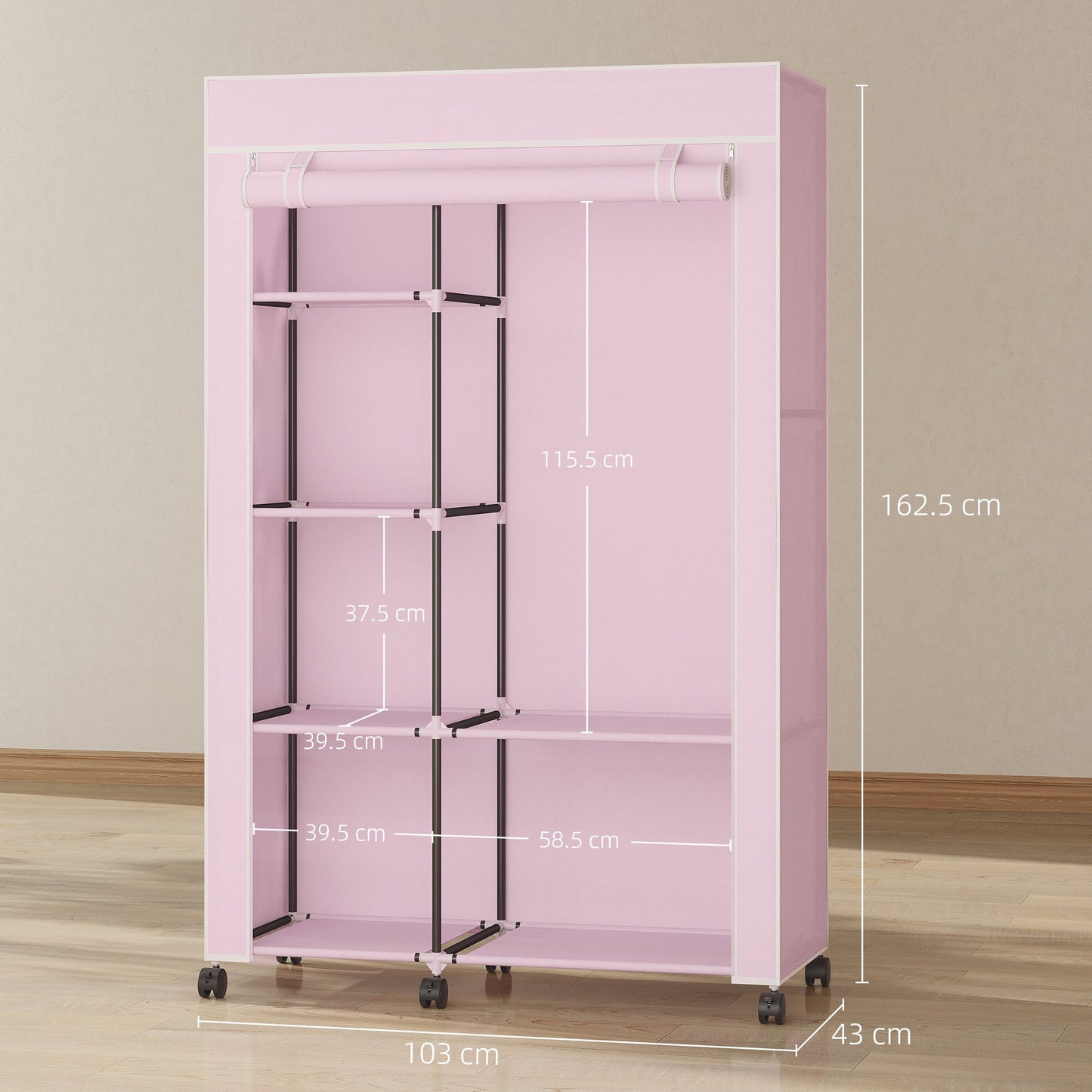 Fabric Wardrobe, Mobile Portable Wardrobe with 6 Shelves, 1 Hanging Rail, Foldable Closets, 103 x 43 x 162.5 cm, Pink