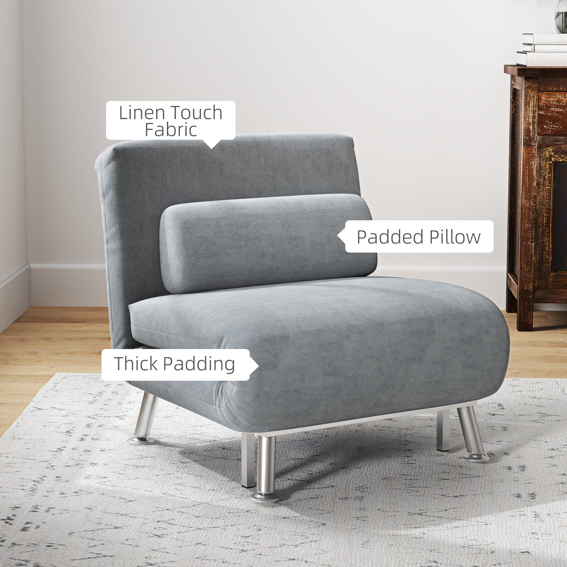 HOMCOM Velvet Single Chair Bed, 3-in-1 Convertible Sleeper Chair with Adjustable Backrest, Pillow, for Living Room, Bedroom, Grey