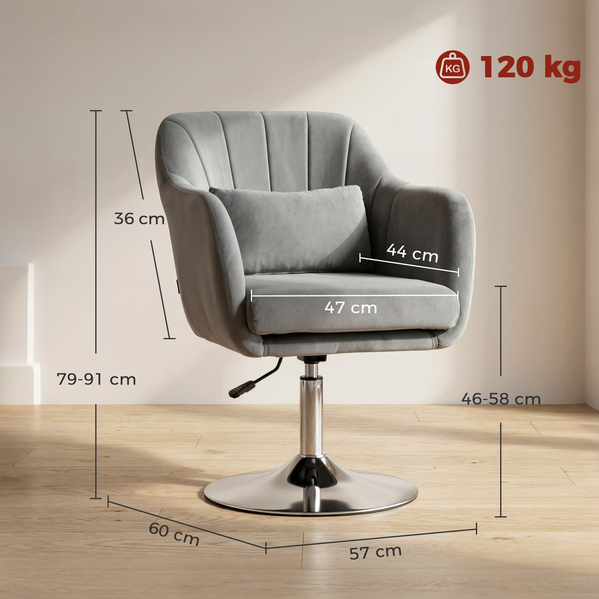 Swivel Accent Chair, Velvet Fabric Tub Vanity Chair, Modern Armchair with Adjustable Height and Lumbar Support for Living Room Bedroom Salon Make up Room Dressing Table, Grey