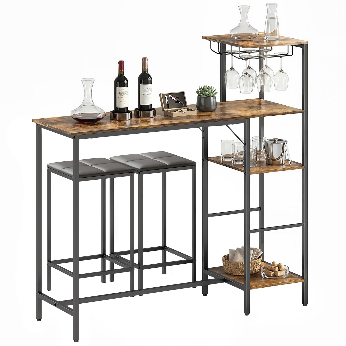 3 Piece Breakfast Bar Table and Stools Set, Dining Table with 4-tier shelving and Glasses Holders, 2 PU Leather Bar Stools with Footrest for Kitchen, Dining Room, Pub, Rustic Brown