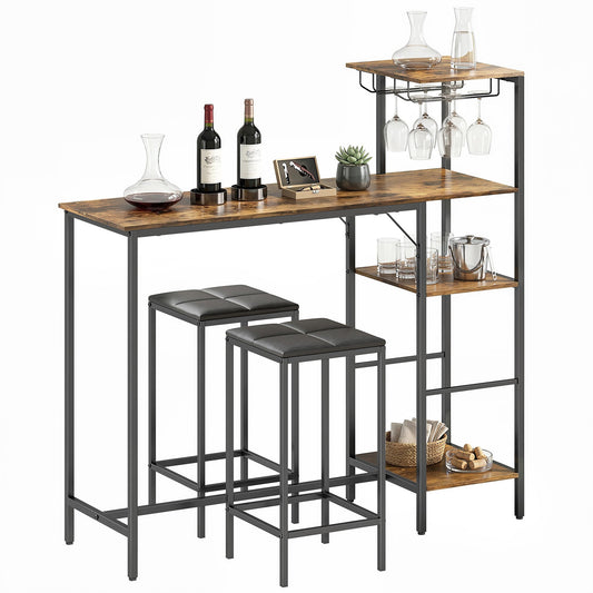 3 Piece Breakfast Bar Table and Stools Set, Dining Table with 4-tier shelving and Glasses Holders, 2 PU Leather Bar Stools with Footrest for Kitchen, Dining Room, Pub, Rustic Brown