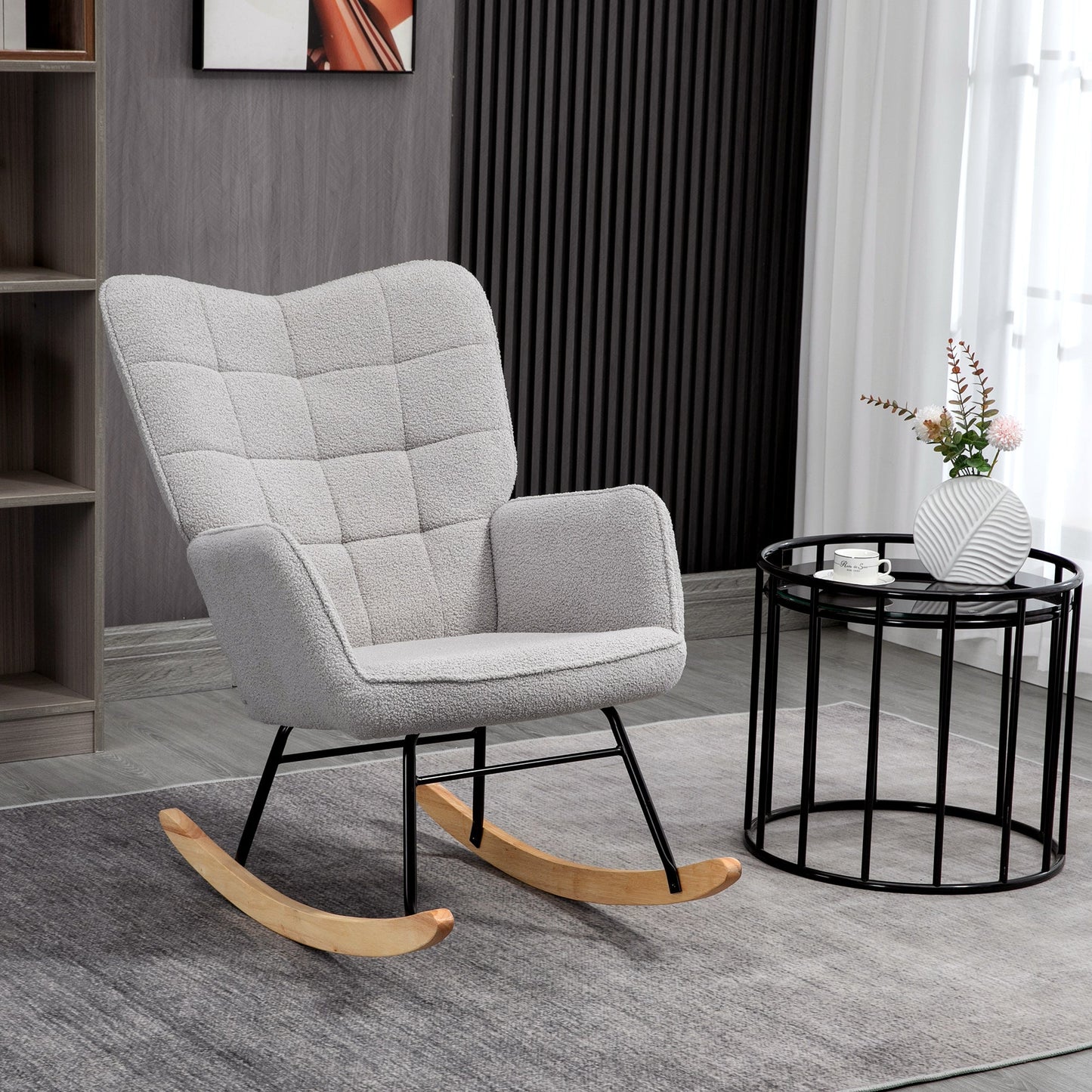 HOMCOM Wingback Rocking Chair for Nursing, Berber Fleece Nursery Glider Rocker, Modern Armchair for Living Room, Light Grey
