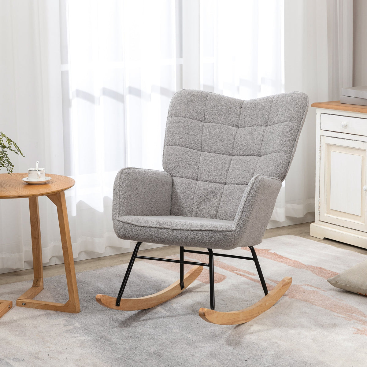 HOMCOM Wingback Rocking Chair for Nursing, Berber Fleece Nursery Glider Rocker, Modern Armchair for Living Room, Light Grey
