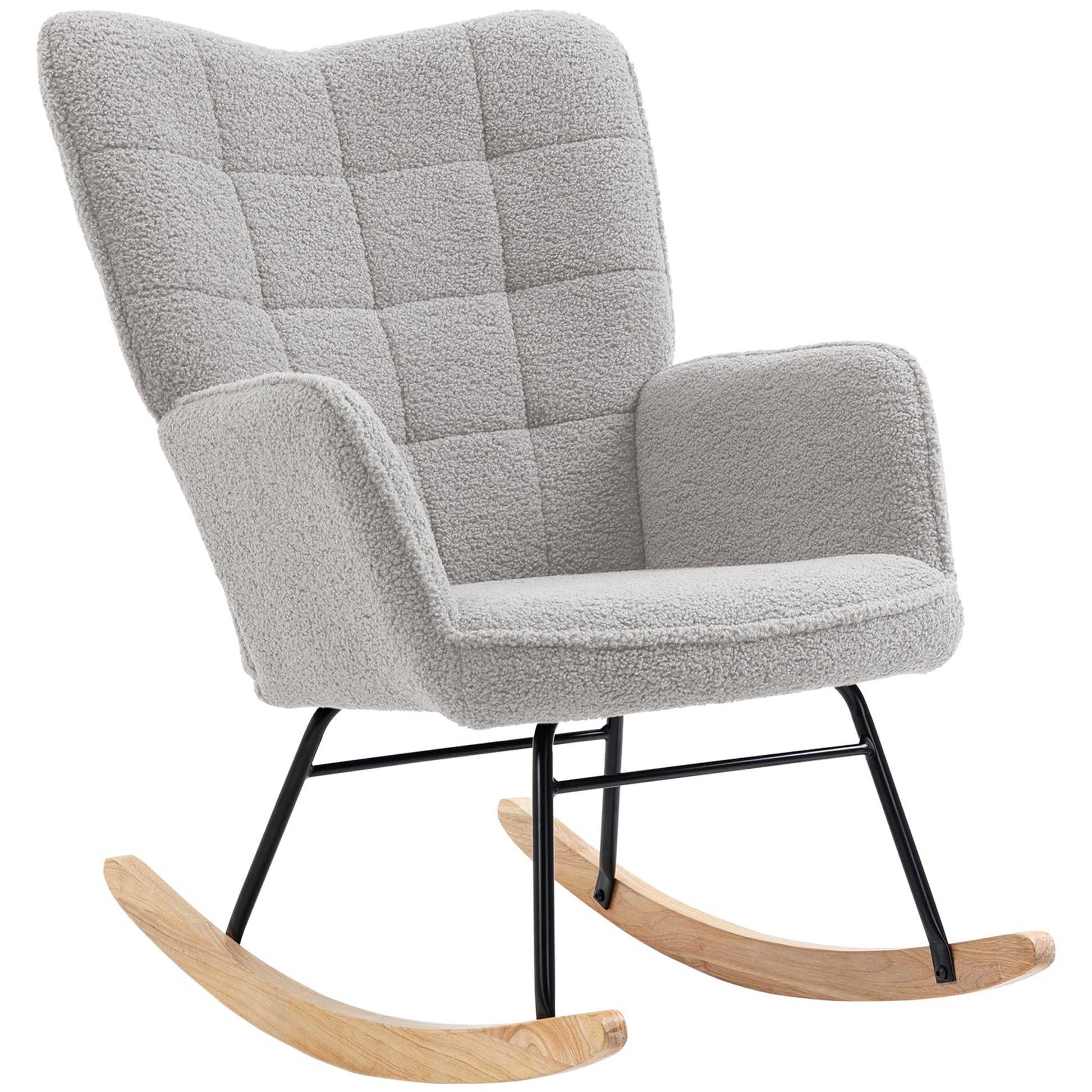 HOMCOM Wingback Rocking Chair for Nursing, Berber Fleece Nursery Glider Rocker, Modern Armchair for Living Room, Light Grey