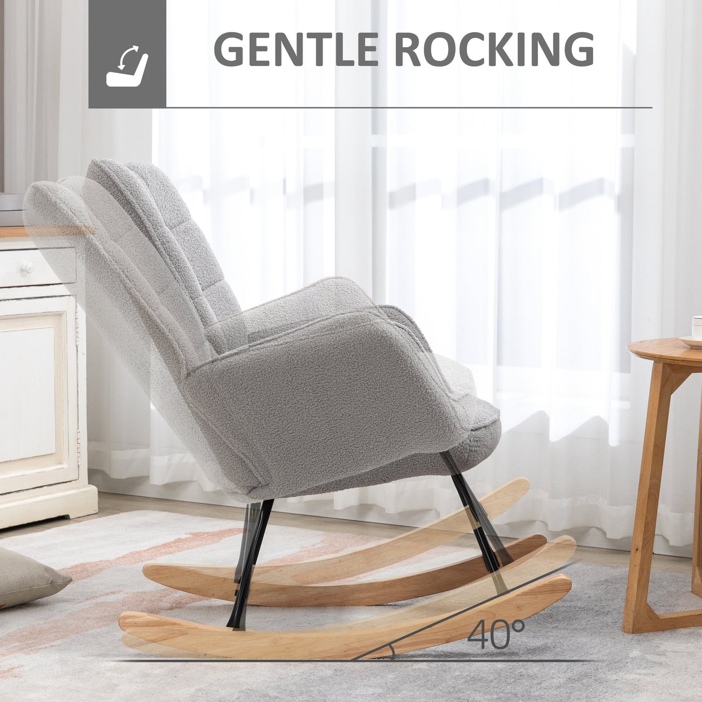 HOMCOM Wingback Rocking Chair for Nursing, Berber Fleece Nursery Glider Rocker, Modern Armchair for Living Room, Light Grey