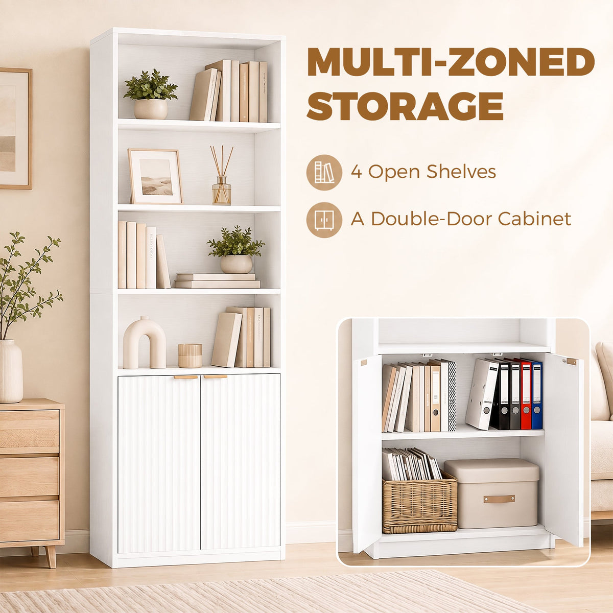 Slim Bookcase, 6-Tier Tall Bookshelf, Freestanding Shelving Unit with Cabinet, Adjustable Shelf, 60 x 24 x 182 cm for Living Room, Study, Home Office, White