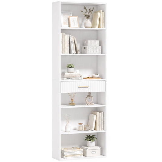 Tall Bookcase with Cubes, 7-Tier Bookshelf with Drawer, Freestanding Shelving Unit, 60 x 24 x 182 cm, Space-Saving for Study, Home Office, Living Room, White