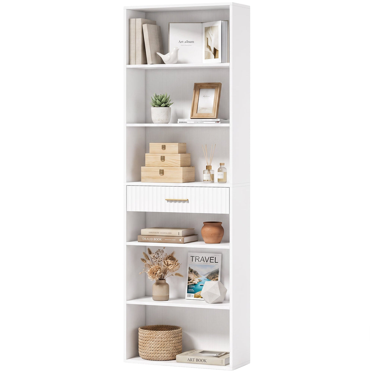 Tall Bookcase with Cubes, 7-Tier Bookshelf with Drawer, Freestanding Shelving Unit, 60 x 24 x 182 cm, Space-Saving for Study, Home Office, Living Room, White