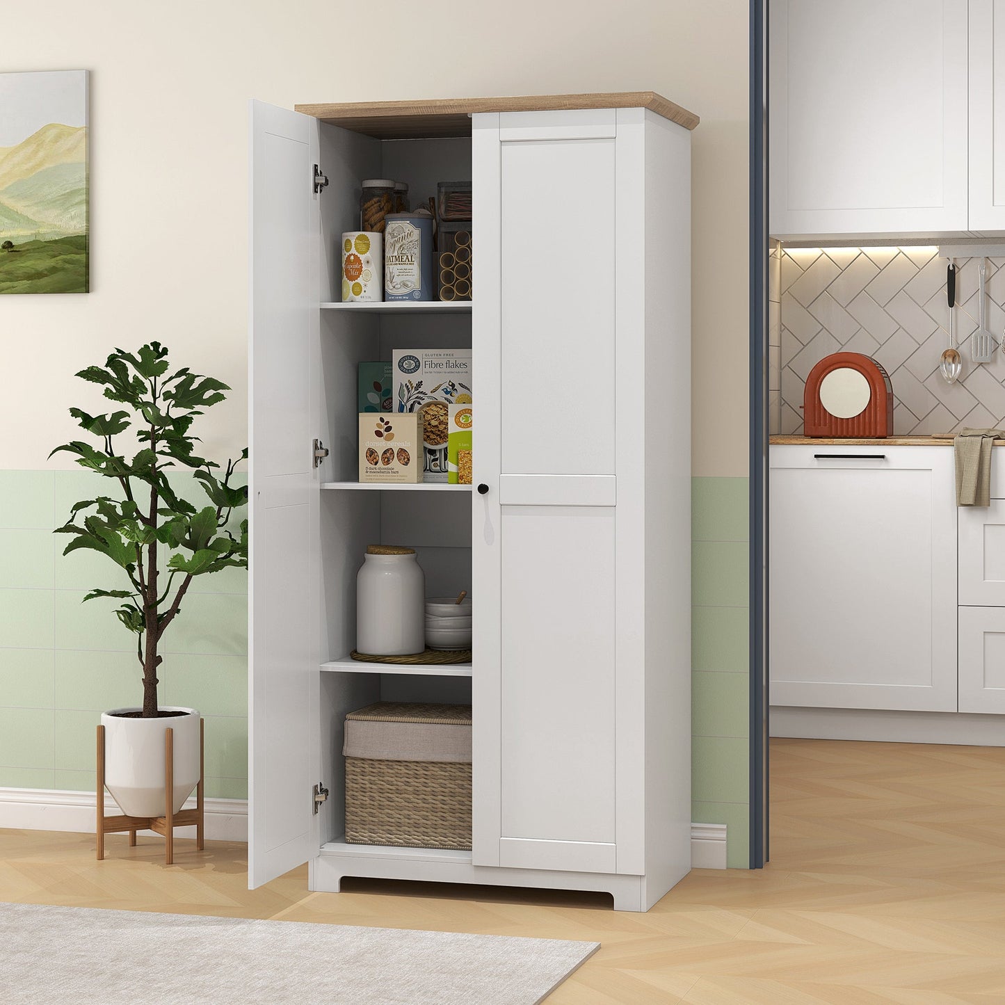 172cm Kitchen Cupboard, Freestanding Storage Cabinet with Doors and Shelves, Modern 2-Door Kitchen Pantry Cupboard for Dining Room, White