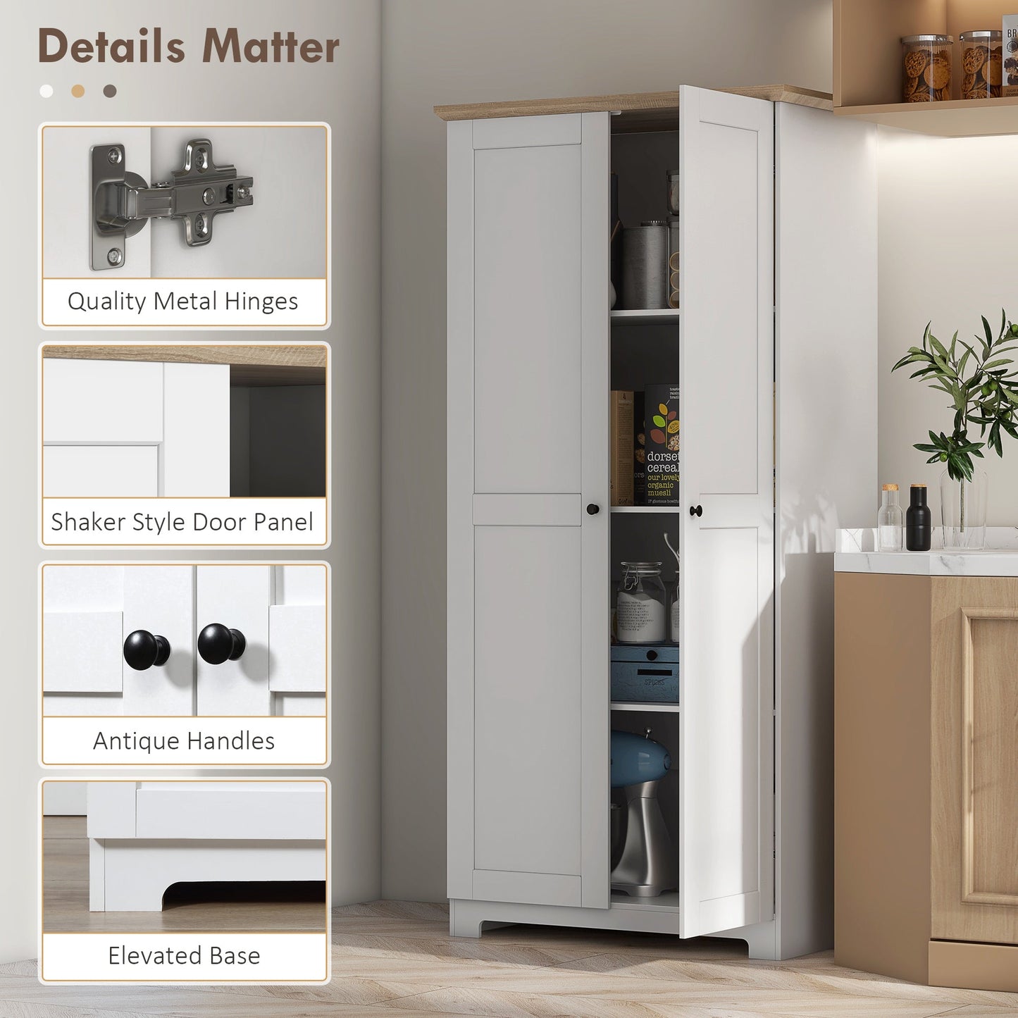 172cm Kitchen Cupboard, Freestanding Storage Cabinet with Doors and Shelves, Modern 2-Door Kitchen Pantry Cupboard for Dining Room, White