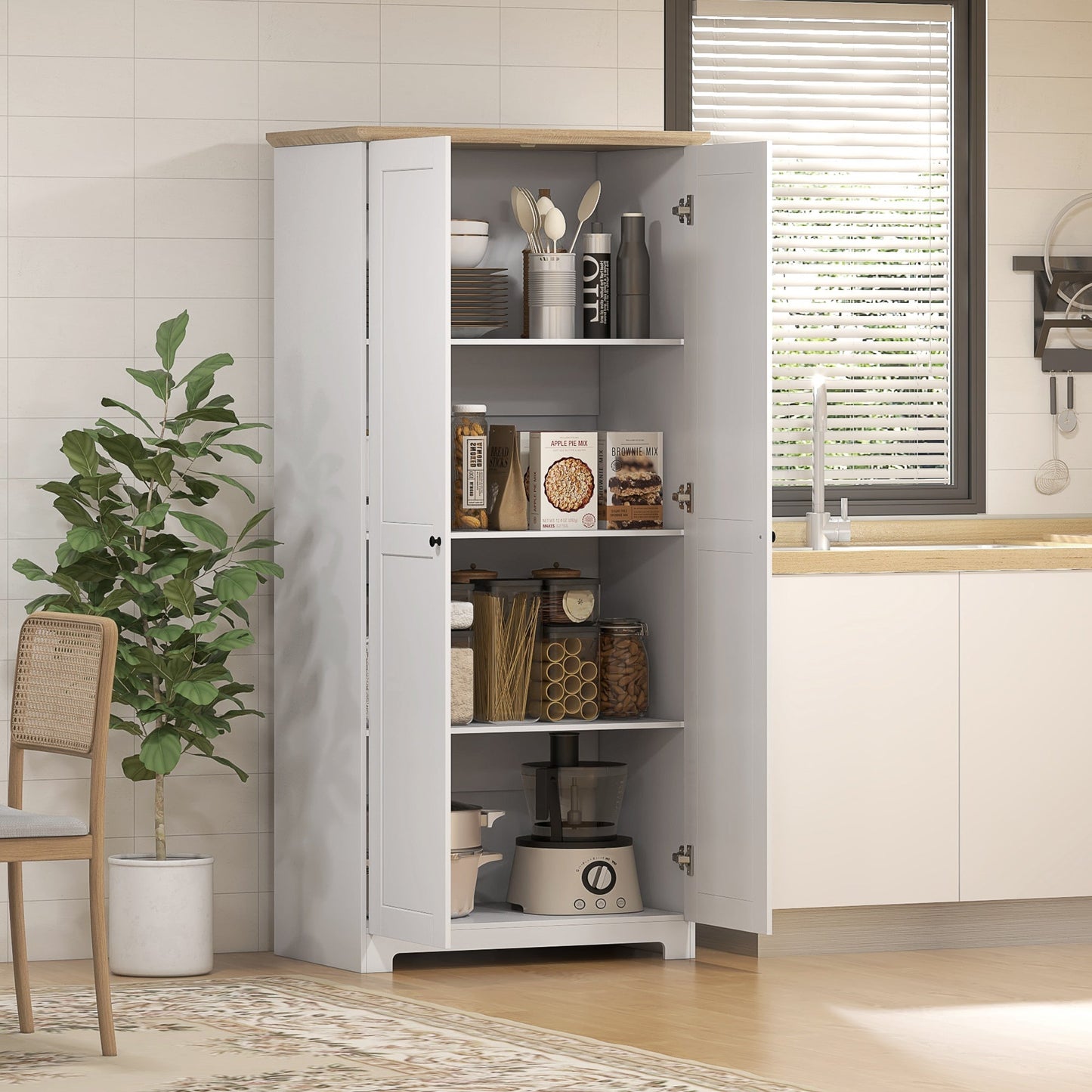 172cm Kitchen Cupboard, Freestanding Storage Cabinet with Doors and Shelves, Modern 2-Door Kitchen Pantry Cupboard for Dining Room, White
