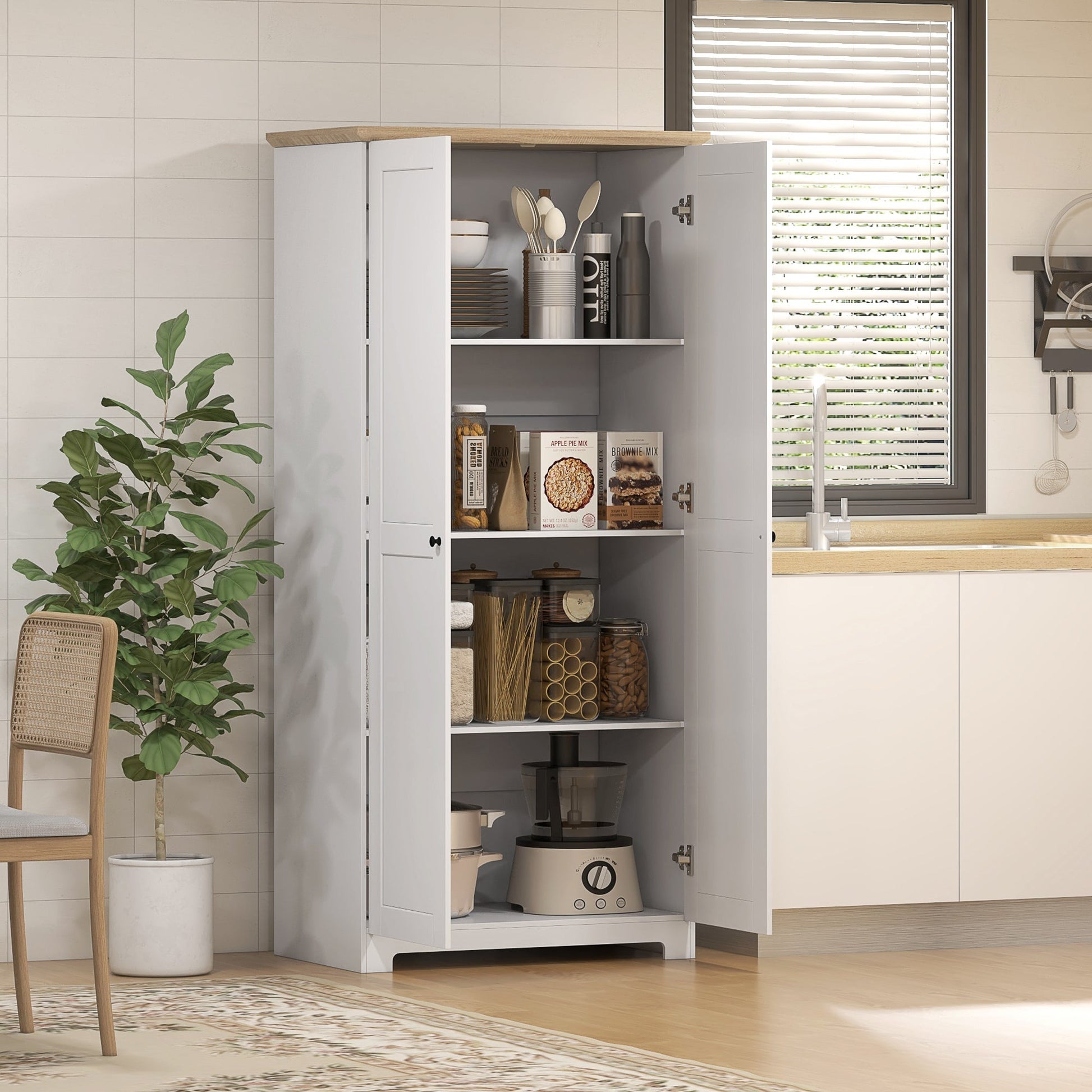 172cm Kitchen Cupboard, Freestanding Storage Cabinet with Doors and Shelves, Modern 2-Door Kitchen Pantry Cupboard for Dining Room, White