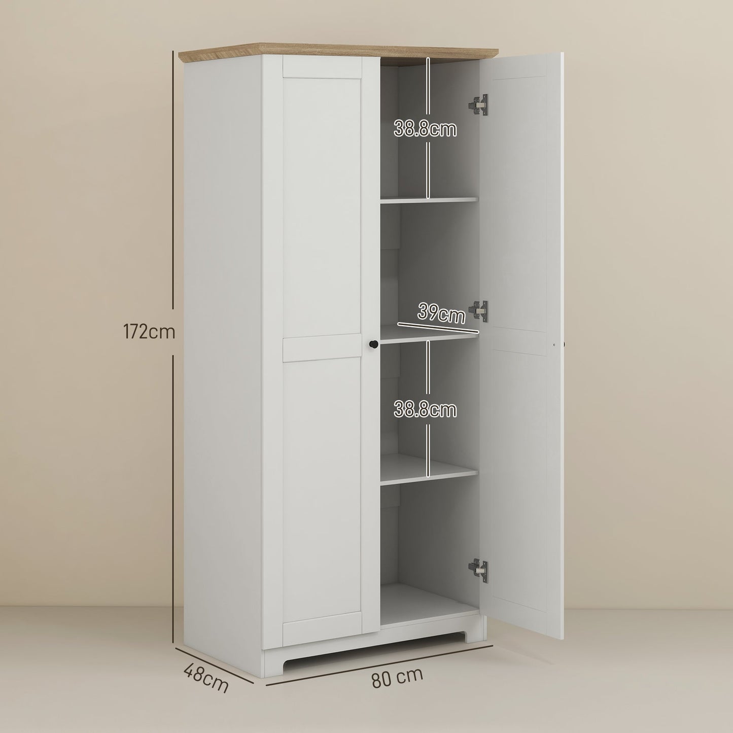 172cm Kitchen Cupboard, Freestanding Storage Cabinet with Doors and Shelves, Modern 2-Door Kitchen Pantry Cupboard for Dining Room, White