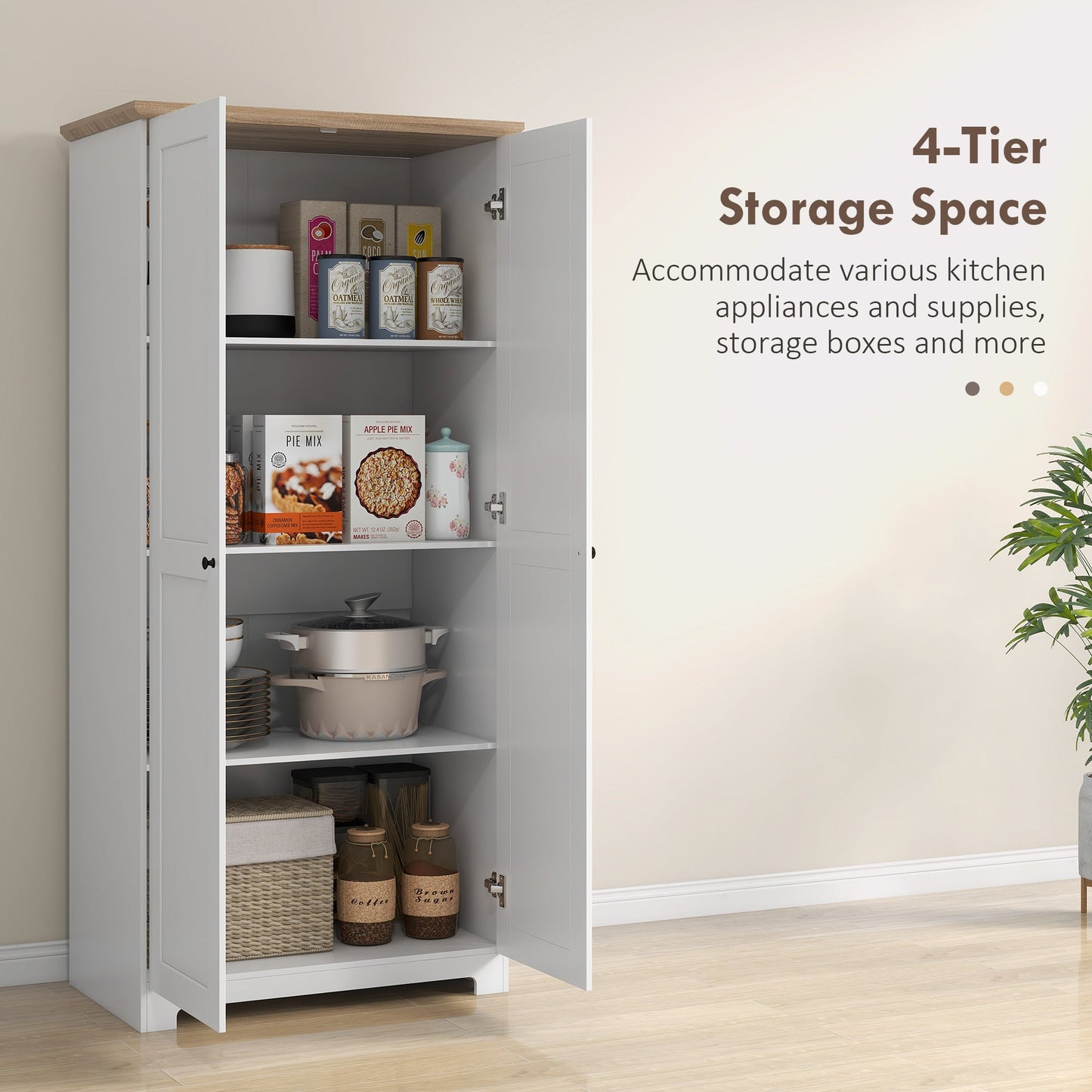 172cm Kitchen Cupboard, Freestanding Storage Cabinet with Doors and Shelves, Modern 2-Door Kitchen Pantry Cupboard for Dining Room, White