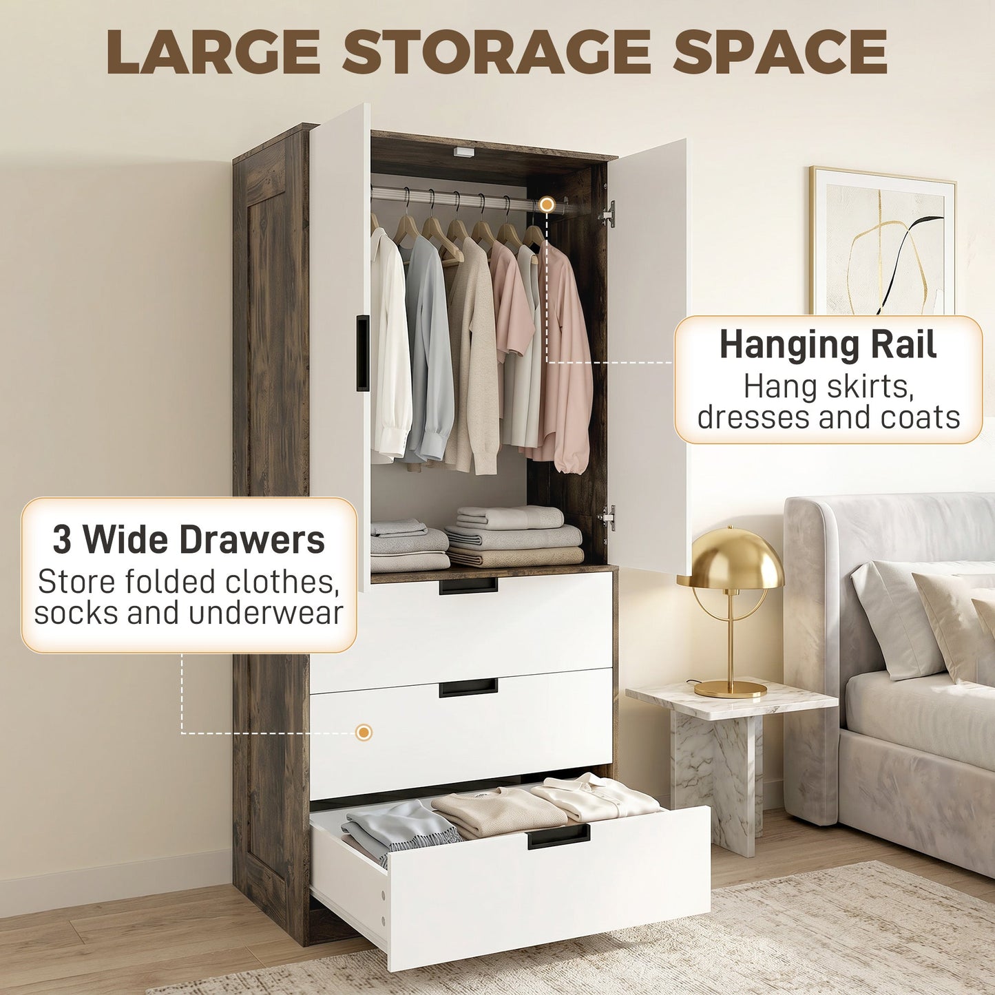 2 Door Wardrobe with 3 Drawers & Hanging Rail, Modern Clothes Storage Cupboard Unit, Bedroom Wardrobe with Soft Closing Hinge, 50D x 80W x 180Hcm, Rustic Brown