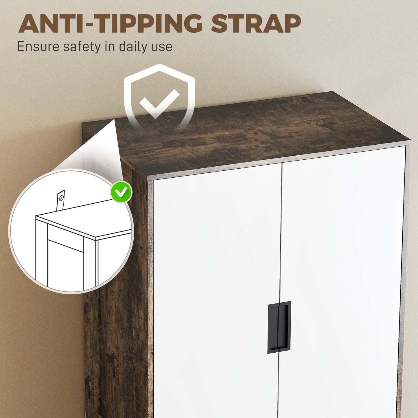 2 Door Wardrobe with 3 Drawers & Hanging Rail, Modern Clothes Storage Cupboard Unit, Bedroom Wardrobe with Soft Closing Hinge, 50D x 80W x 180Hcm, Rustic Brown
