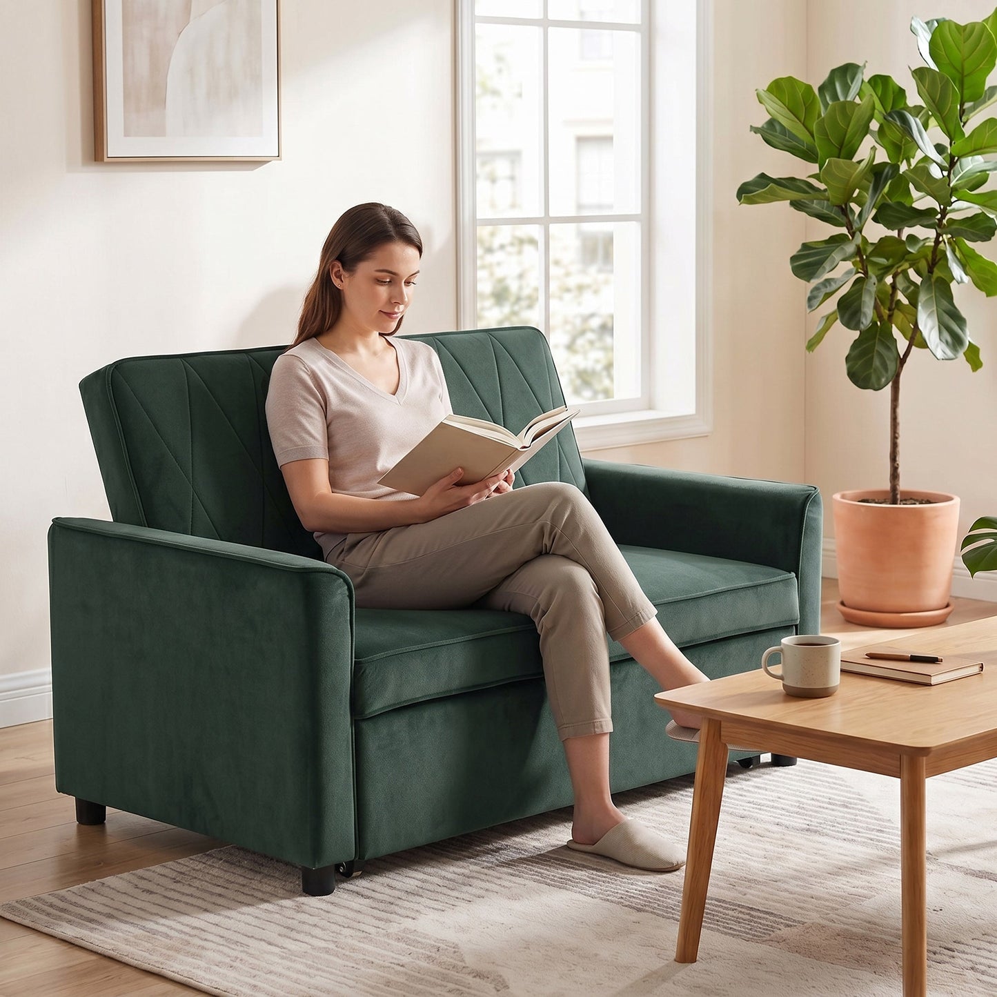 2 Seater Sofa Bed, 3-in-1 Convertible Pull Out Sleeper Sofa, Velvet Loveseat Bed Settee with Clik-Clack Adjustable Backrest, High-Density Foam for Living Room, Bedroom, Guest Room, Dark Green