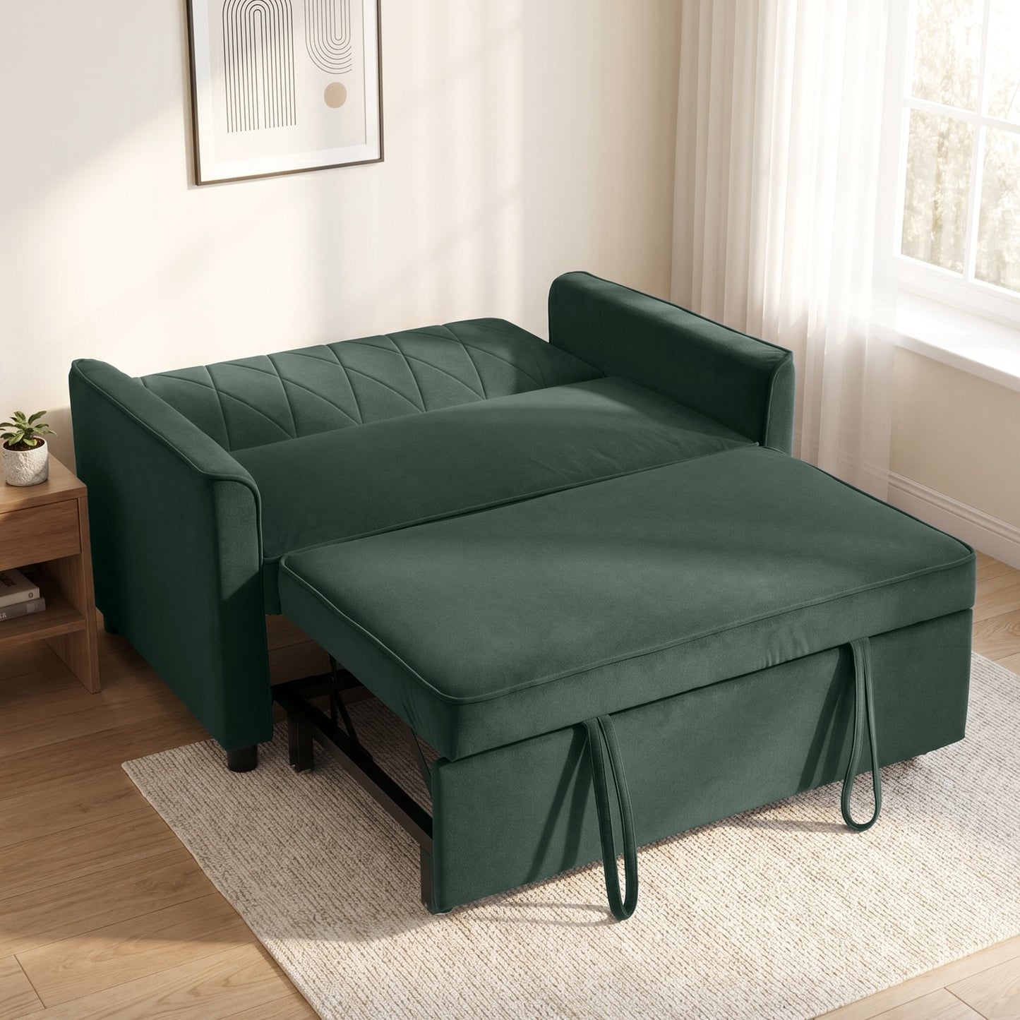 2 Seater Sofa Bed, 3-in-1 Convertible Pull Out Sleeper Sofa, Velvet Loveseat Bed Settee with Clik-Clack Adjustable Backrest, High-Density Foam for Living Room, Bedroom, Guest Room, Dark Green