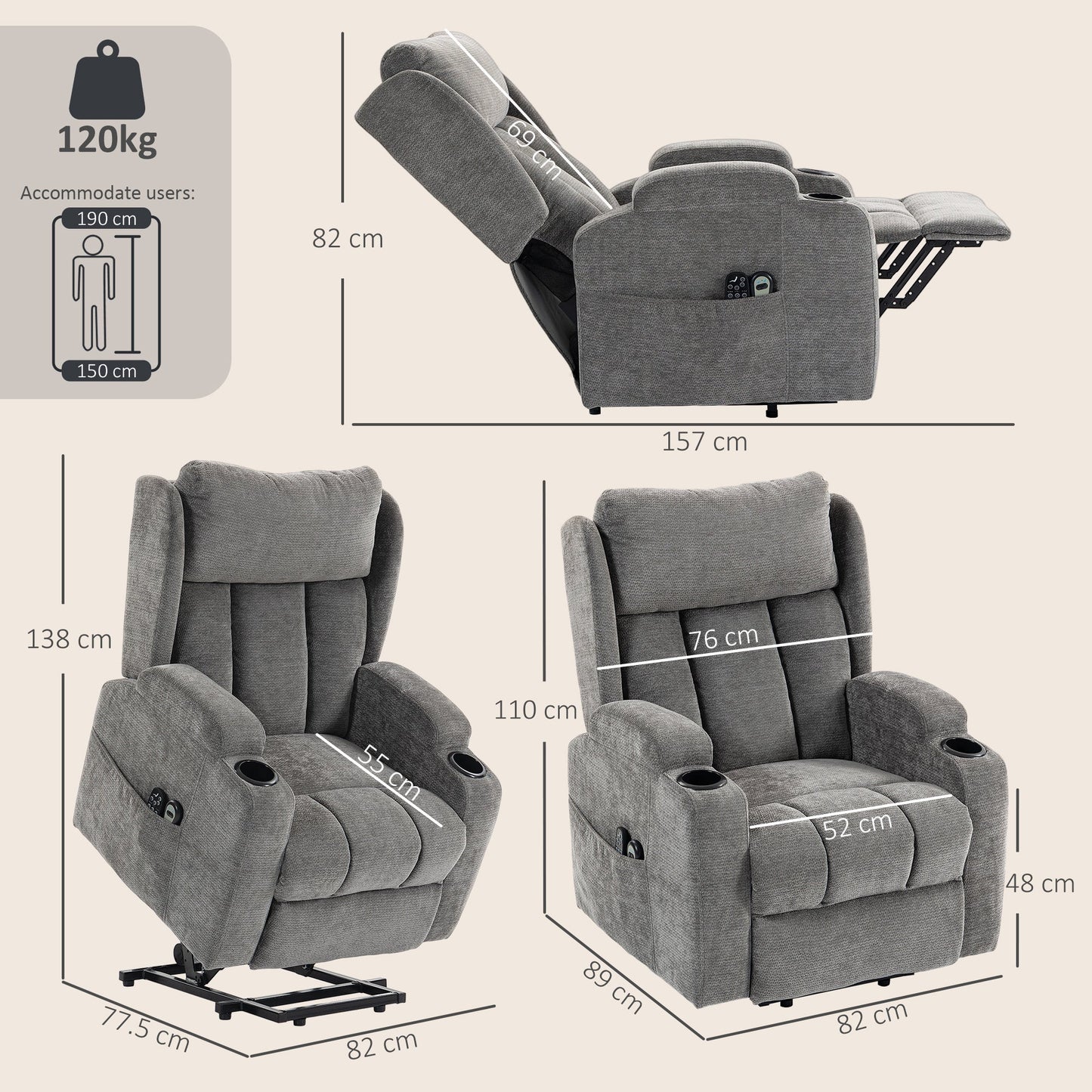 Power Lift Recliner Chair with Vibration Massage and Heat, Chenille Riser and Recliner Armchair for Elderly with Folding Headrest, Spring Cushion, Wide and High Back, Cup Holders, Remote, Grey