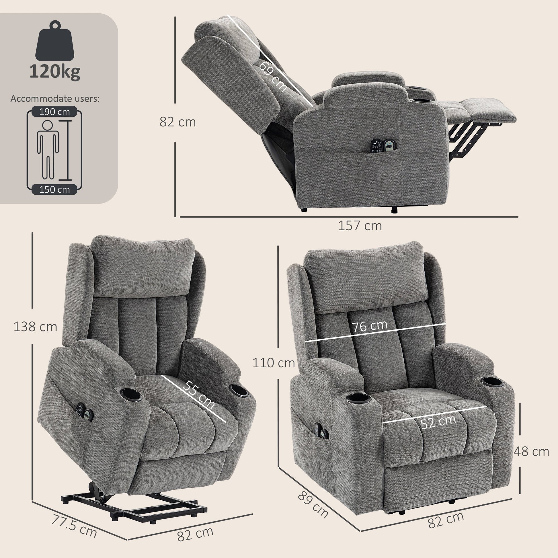 Power Lift Recliner Chair with Vibration Massage and Heat, Chenille Riser and Recliner Armchair for Elderly with Folding Headrest, Spring Cushion, Wide and High Back, Cup Holders, Remote, Grey