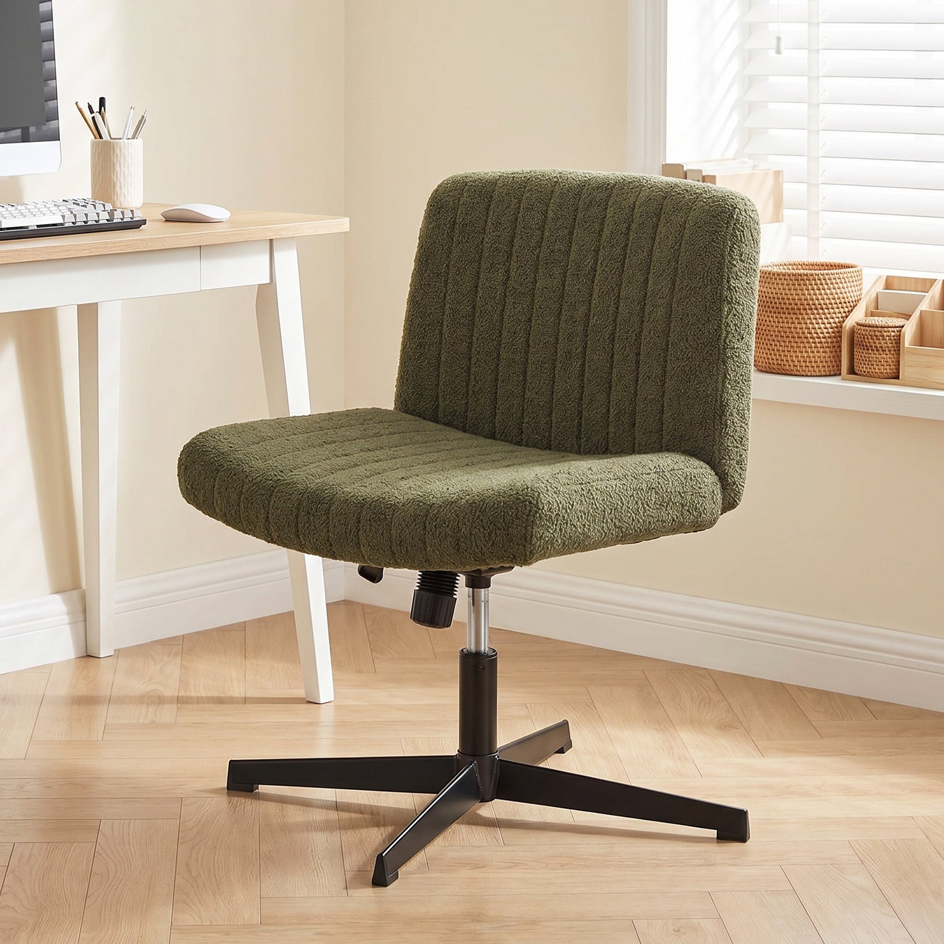 Armless Office Chair No Wheels, Teddy Fleece Criss Cross Legged Desk Chair with Wide Seat, Thick Padding, Rock Function, Height Adjustable Swivel Computer Seat for Home, Green