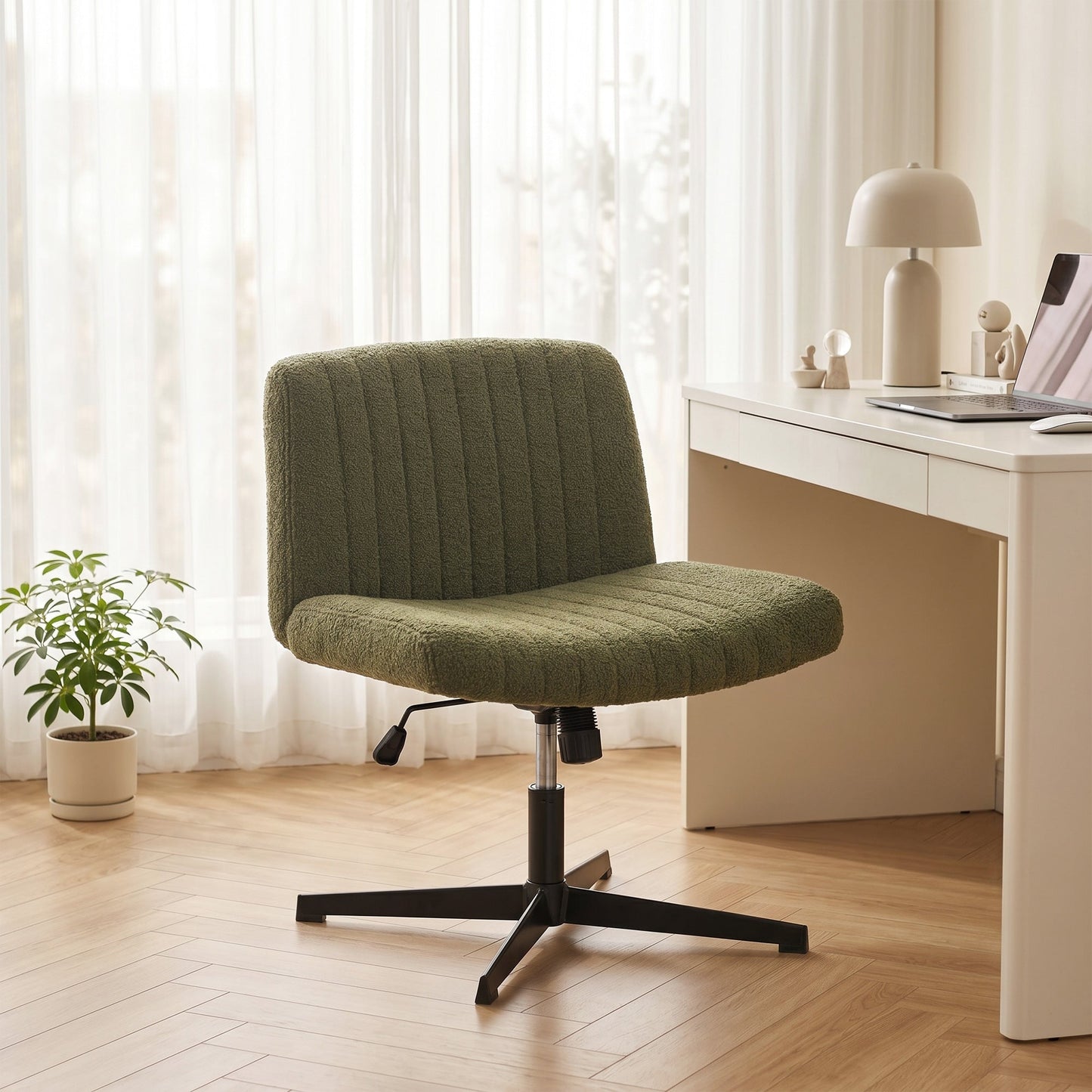 Armless Office Chair No Wheels, Teddy Fleece Criss Cross Legged Desk Chair with Wide Seat, Thick Padding, Rock Function, Height Adjustable Swivel Computer Seat for Home, Green