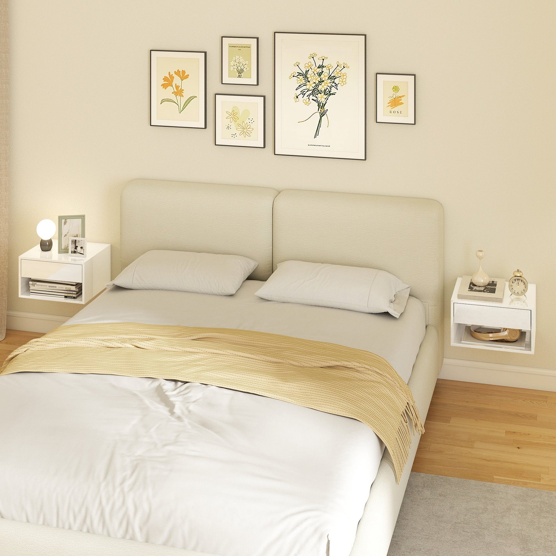 Floating Bedside Tables Set of 2, Wall Mounted Nightstand with Drawer and Open Shelf for Bedroom, High Gloss White