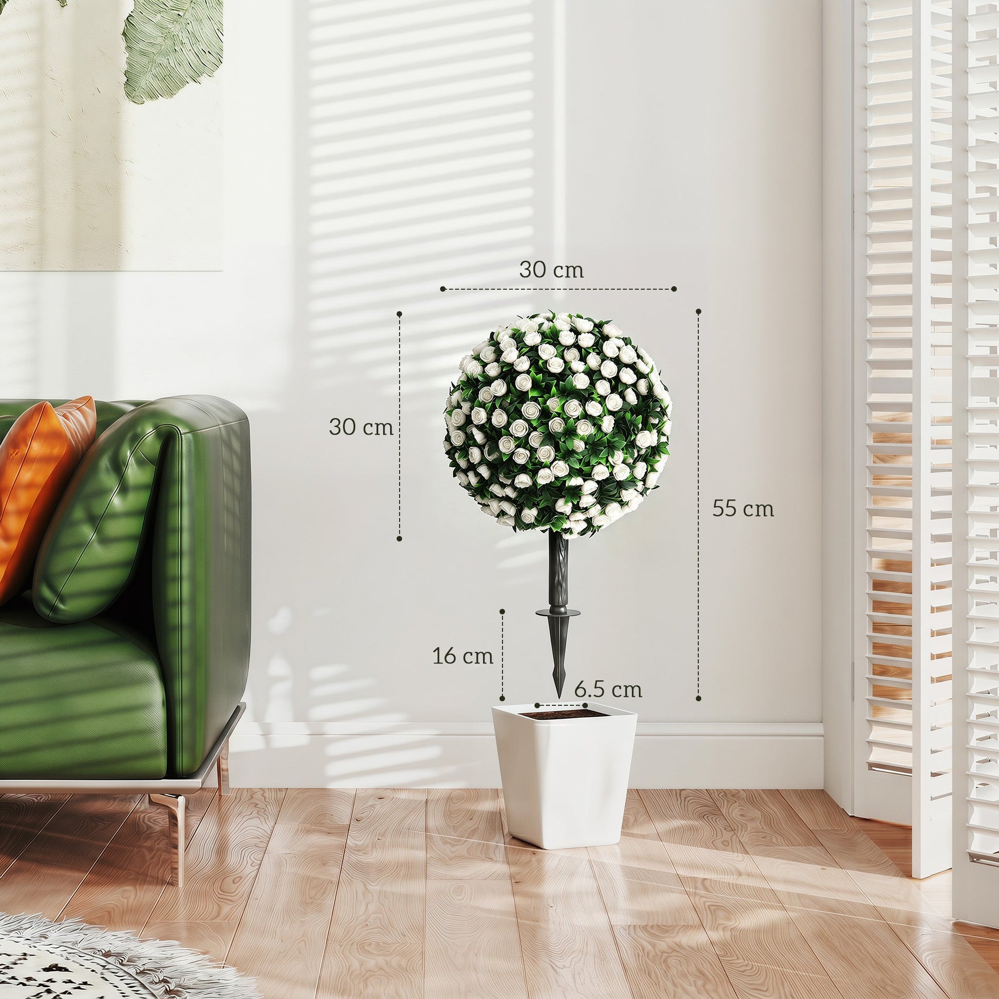Set of 2 55 cm Artificial Rose Topiary with Ground Stake, UV-Resistant Fake Plants with 306 Roses and Leaves for Indoor Outdoor Home Office Garden Decor, White