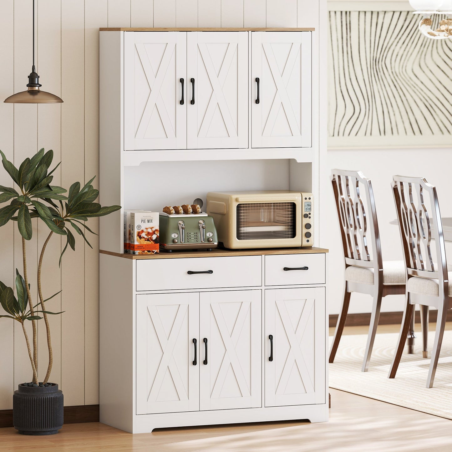 175 cm Tall Kitchen Pantry Cabinet with Microwave Stand, Farmhouse Kitchen Hutch, Freestanding Pantry Cupboard with 2 Drawers, 2 Adjustable Shelves and Cable Management, White
