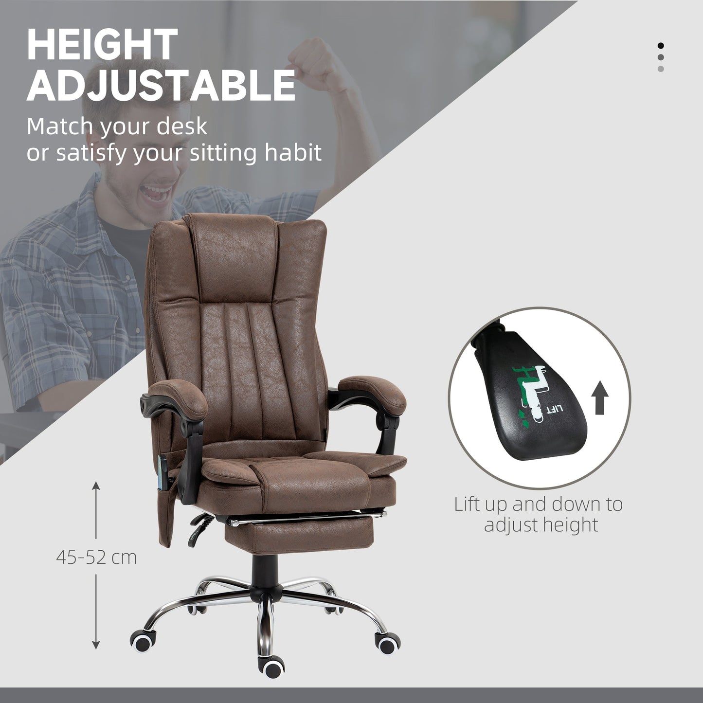 Vinsetto Office Chair with Massage and Heat, Microfibre Reclining Computer Desk Chair with Footrest and Adjustable Height, Swivel Wheels for Home Office, Dark Brown