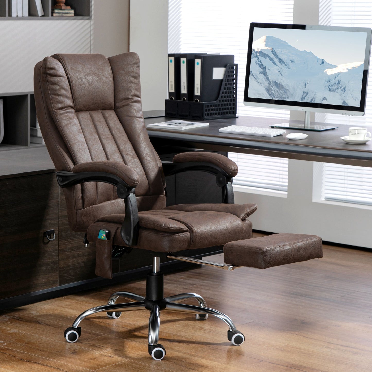 Vinsetto Office Chair with Massage and Heat, Microfibre Reclining Computer Desk Chair with Footrest and Adjustable Height, Swivel Wheels for Home Office, Dark Brown