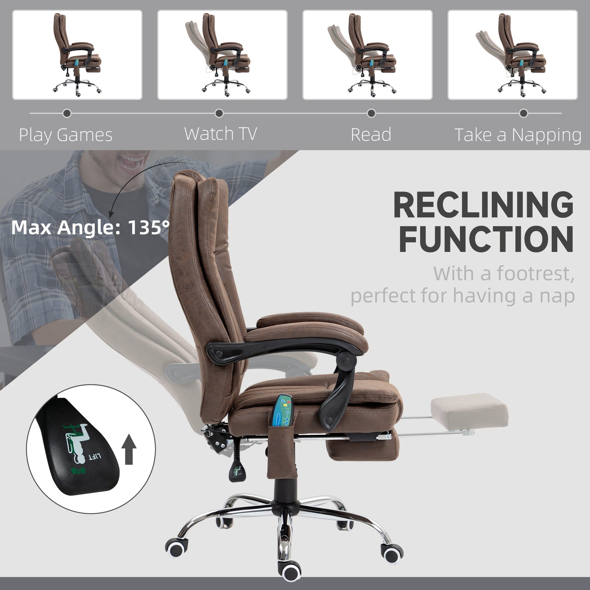 Vinsetto Office Chair with Massage and Heat, Microfibre Reclining Computer Desk Chair with Footrest and Adjustable Height, Swivel Wheels for Home Office, Dark Brown