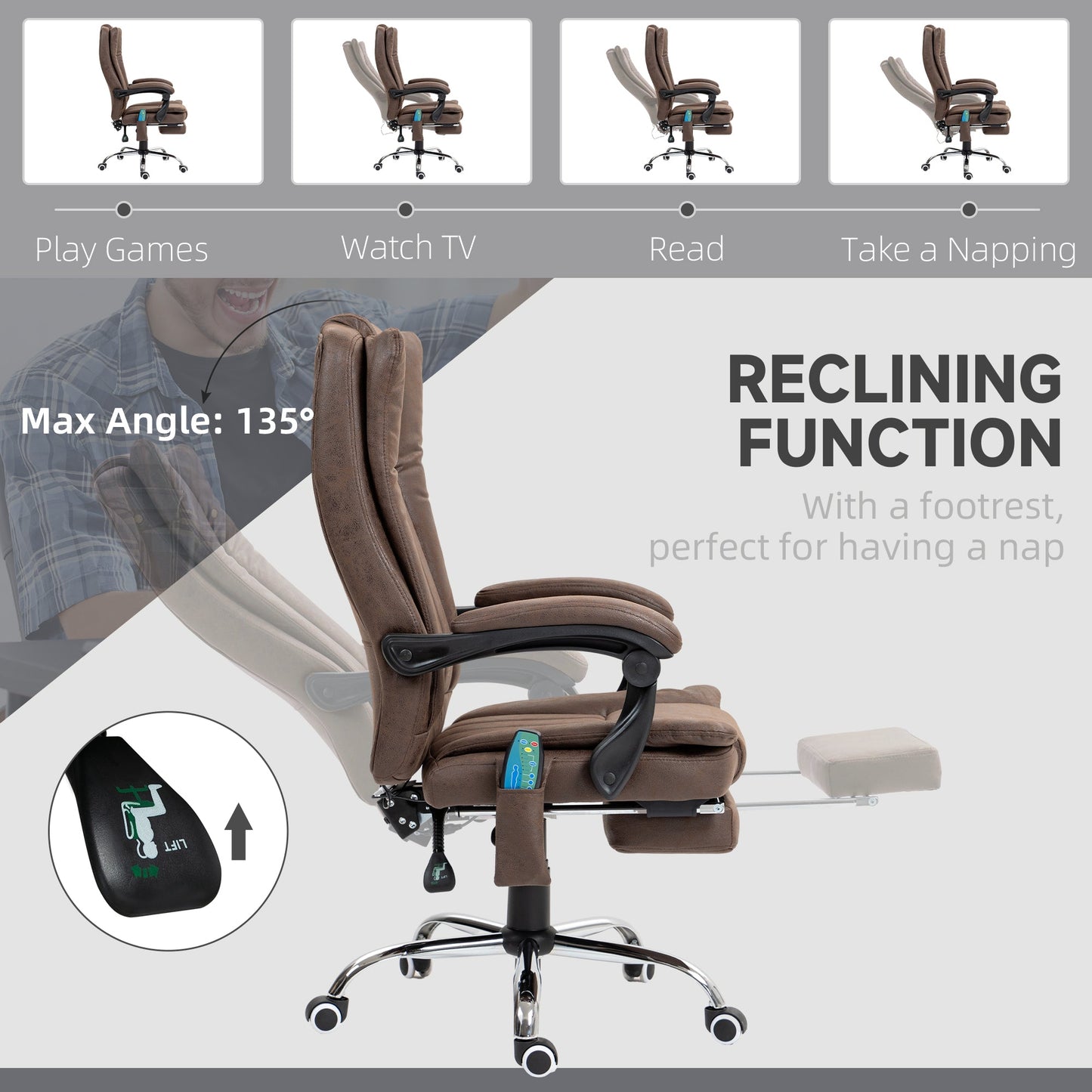 Vinsetto Office Chair with Massage and Heat, Microfibre Reclining Computer Desk Chair with Footrest and Adjustable Height, Swivel Wheels for Home Office, Dark Brown