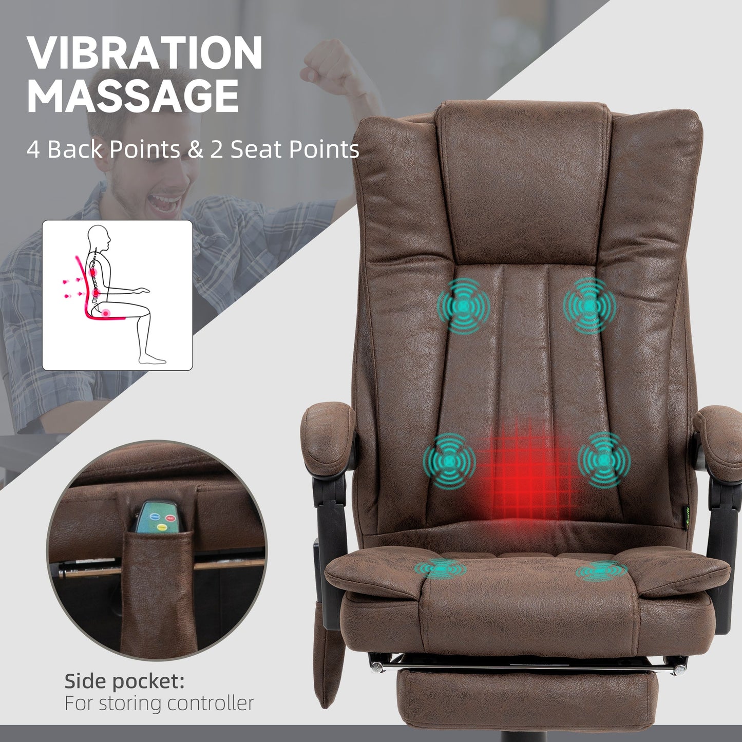 Vinsetto Office Chair with Massage and Heat, Microfibre Reclining Computer Desk Chair with Footrest and Adjustable Height, Swivel Wheels for Home Office, Dark Brown