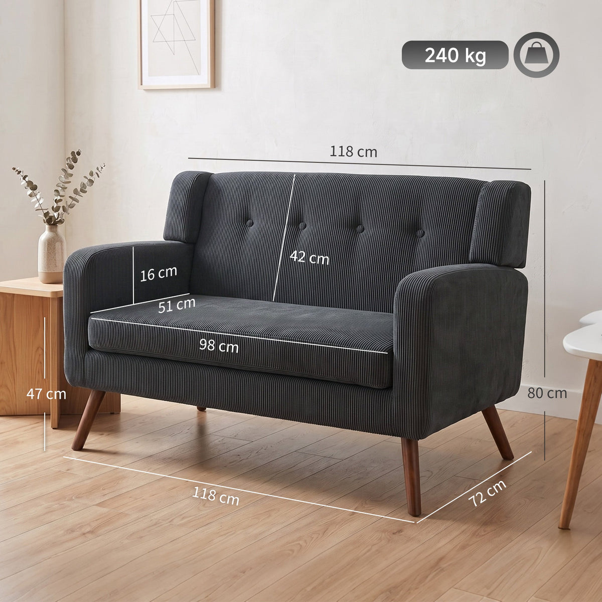 2 Seater Sofa, 118 cm Corduroy Small Sofa with Spring Cushion, Compact Tufted Loveseat Sofa Settee with Wooden Legs for Small Space, Living Room, Bedroom, Home Office, Dark Grey