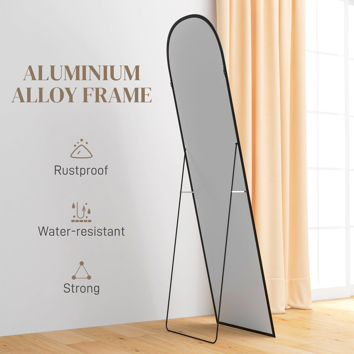HOMCOM Full Length Mirror, 162x50cm Arched Free Standing Floor Mirror with Aluminium Alloy Frame, Hanging or Leaning for Living Room, Bedroom, Black Frame