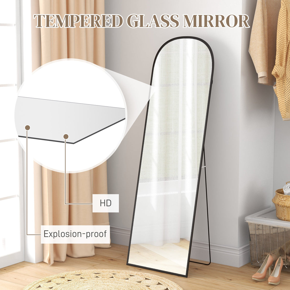 HOMCOM Full Length Mirror, 162x50cm Arched Free Standing Floor Mirror with Aluminium Alloy Frame, Hanging or Leaning for Living Room, Bedroom, Black Frame