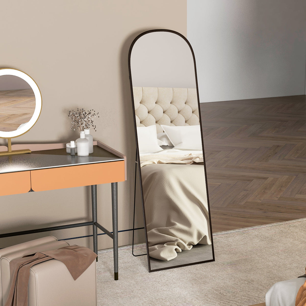 HOMCOM Full Length Mirror, 162x50cm Arched Free Standing Floor Mirror with Aluminium Alloy Frame, Hanging or Leaning for Living Room, Bedroom, Black Frame