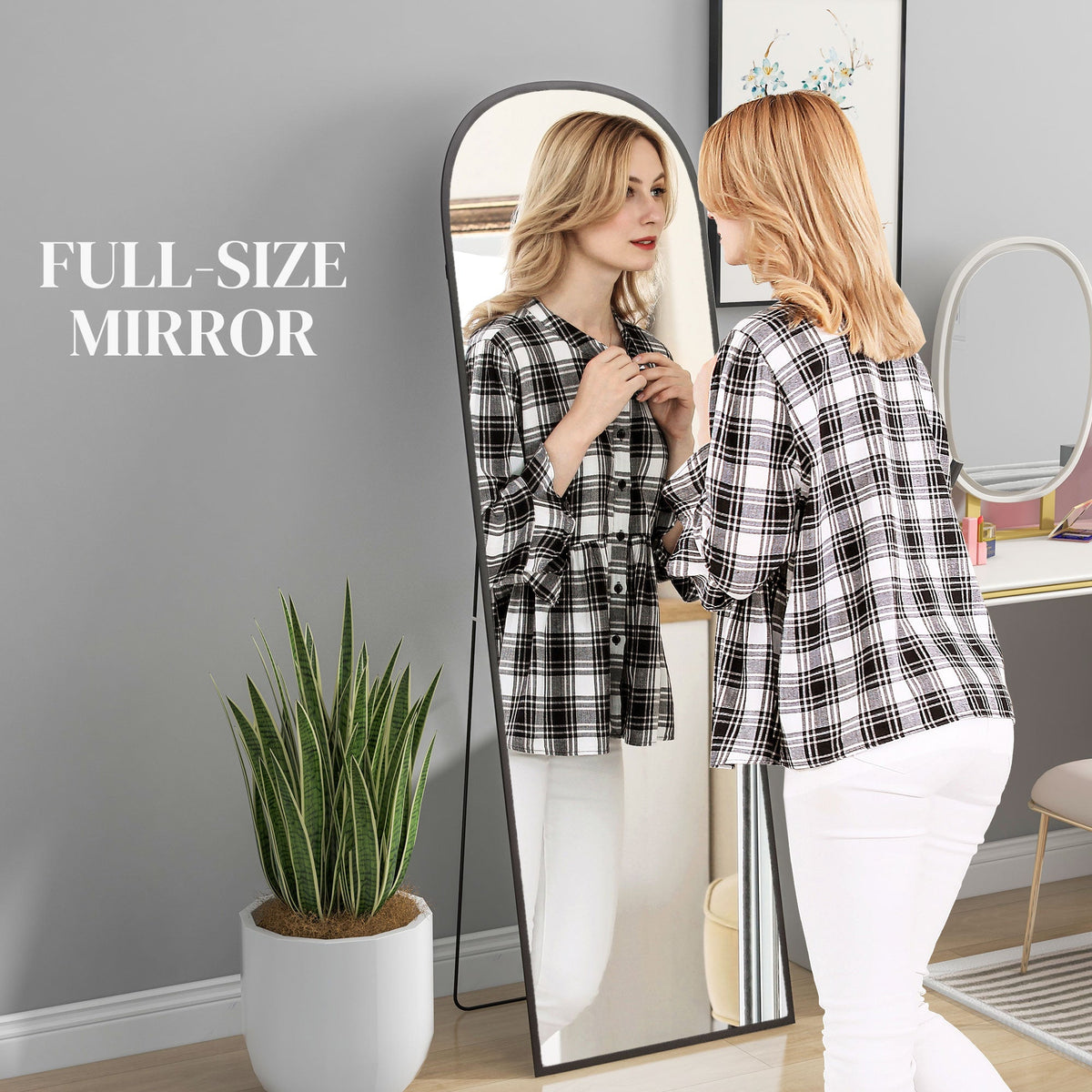 HOMCOM Full Length Mirror, 162x50cm Arched Free Standing Floor Mirror with Aluminium Alloy Frame, Hanging or Leaning for Living Room, Bedroom, Black Frame