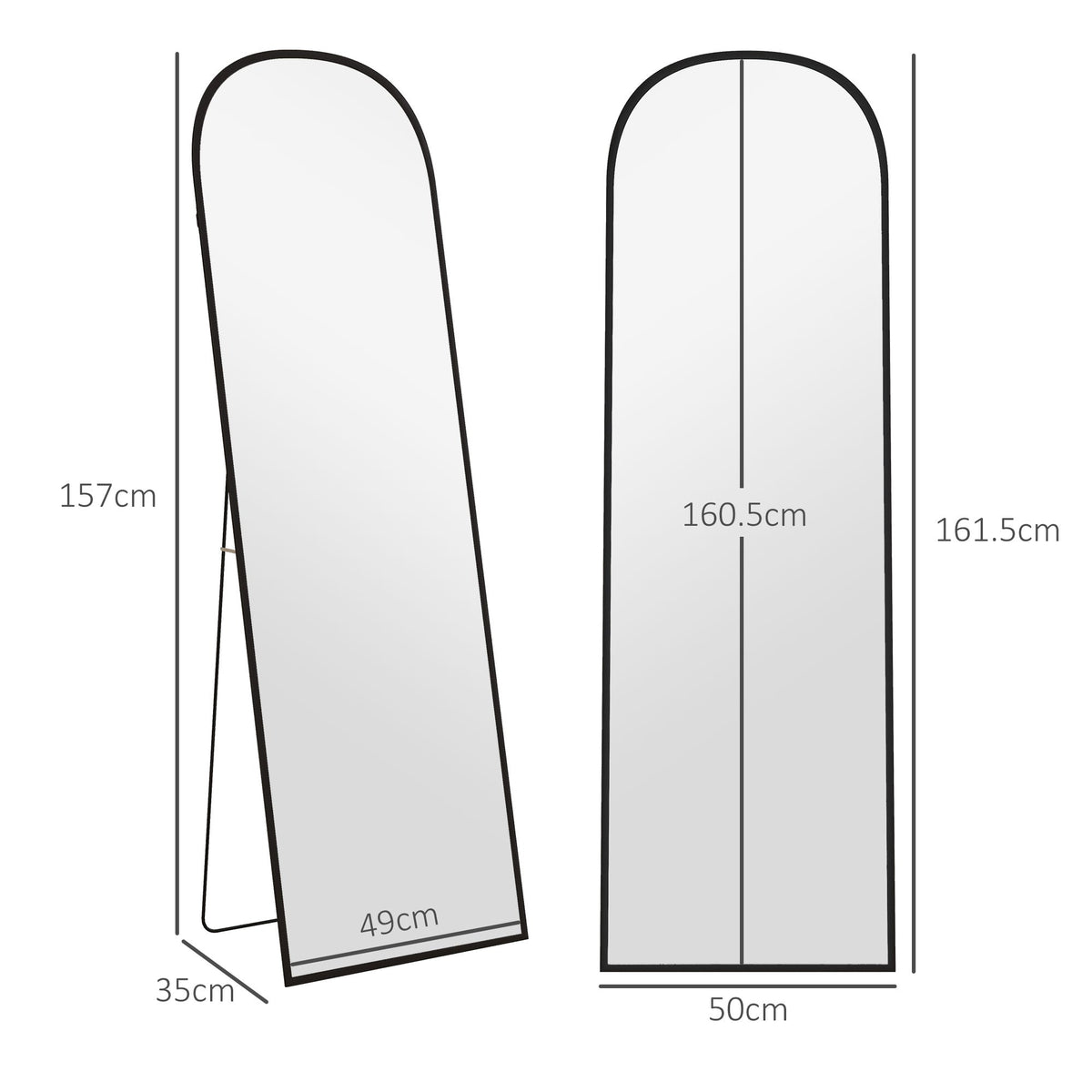 HOMCOM Full Length Mirror, 162x50cm Arched Free Standing Floor Mirror with Aluminium Alloy Frame, Hanging or Leaning for Living Room, Bedroom, Black Frame